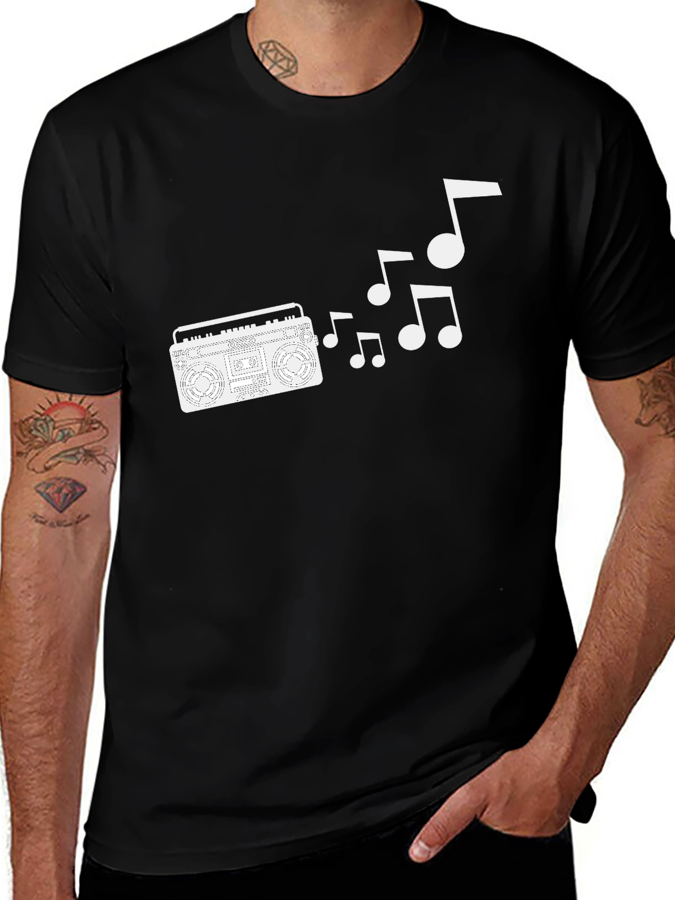 Variant 22 of Retro Boombox & Music Notes Black T-Shirt