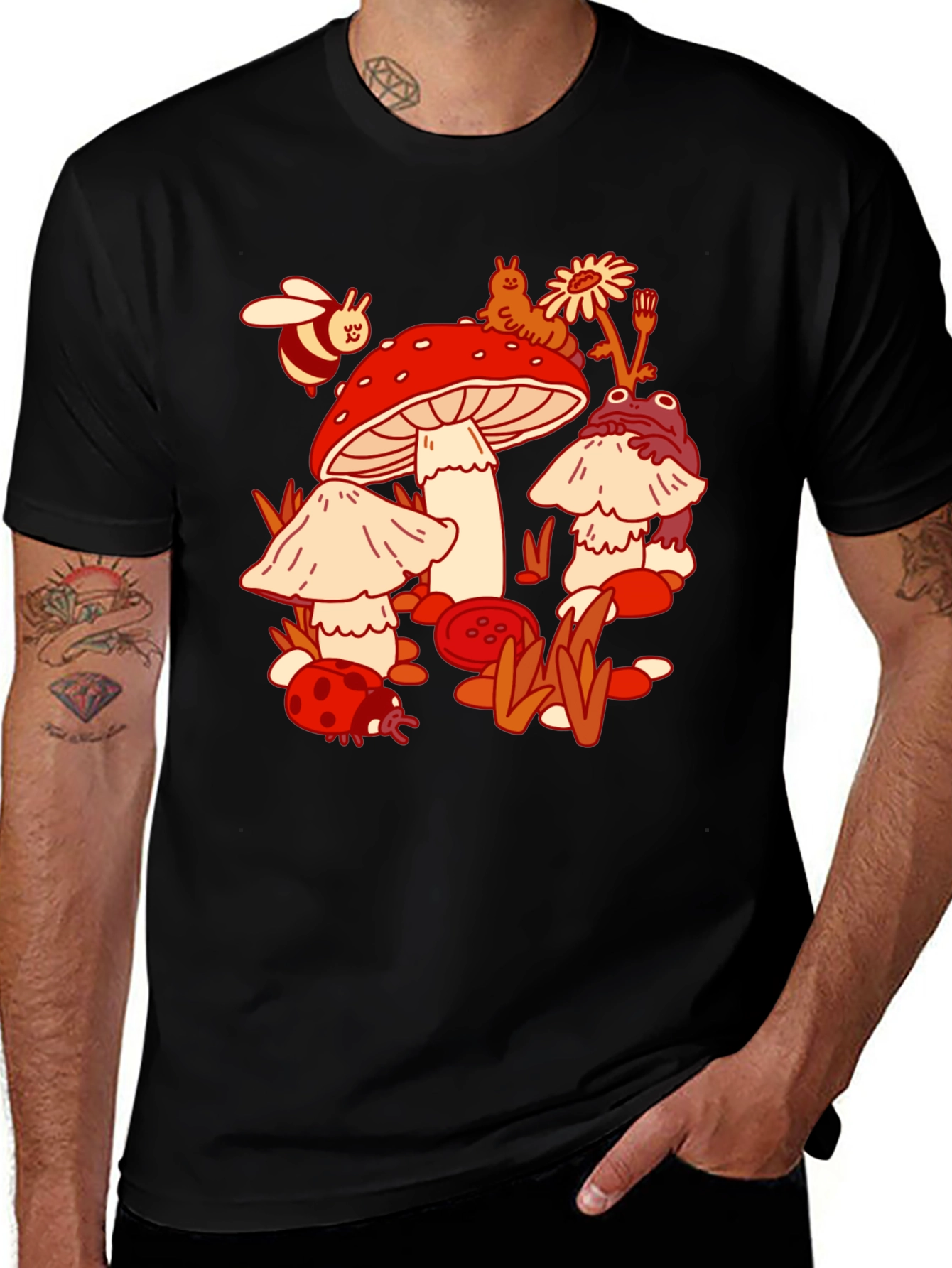 Variant 6 of Mushroom Meadow Graphic Tee - Whimsical Black T-Shirt