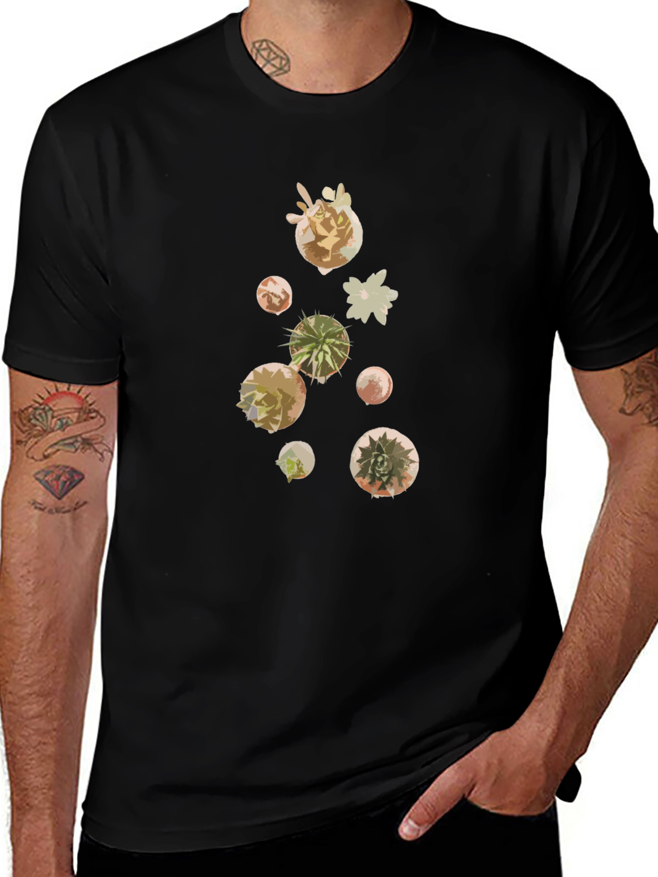Variant 12 of Modern Succulent Print Black T-Shirt