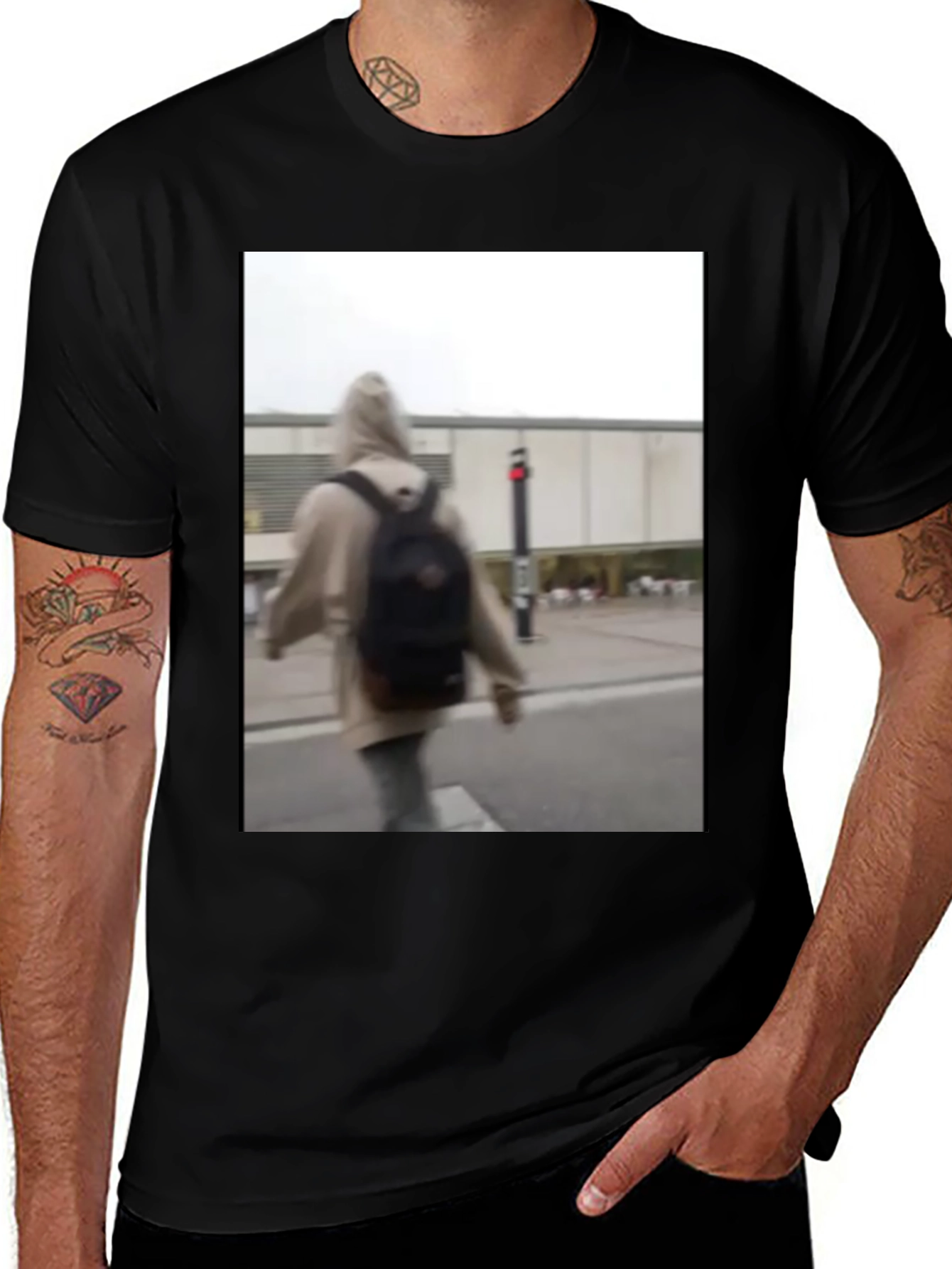 Black T-Shirt with Blurred Backpack Print