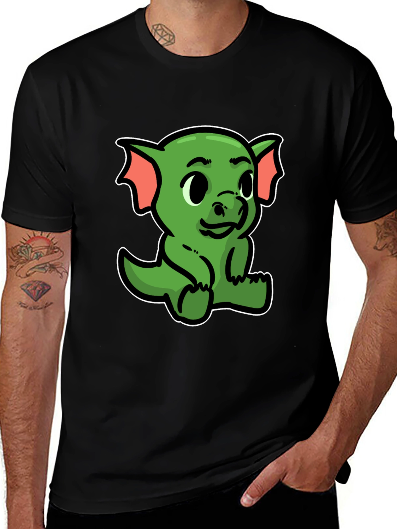 Variant 4 of Cute Green Dragon Cartoon Black T-Shirt