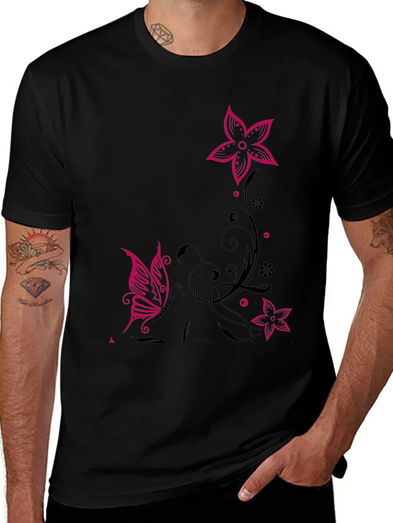 Variant 3 of Floral Butterfly Graphic Black T-Shirt