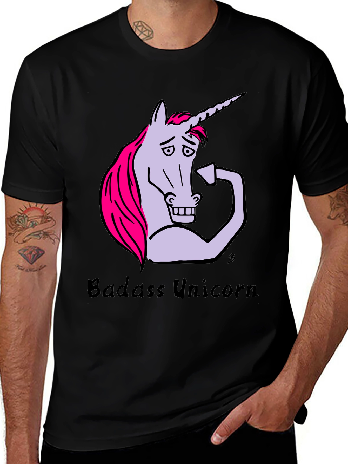 Variant 5 of Badass Unicorn Graphic Tee - Men's Black T-Shirt