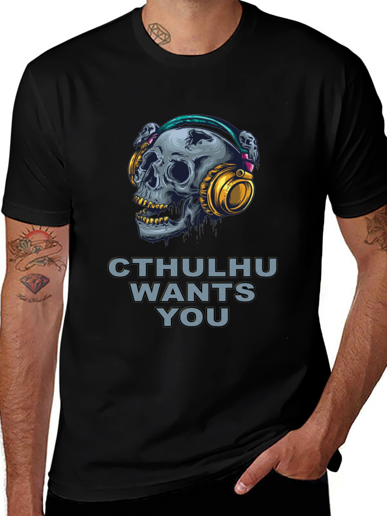 Cthulhu Wants You T-Shirt - Skull With Headphones