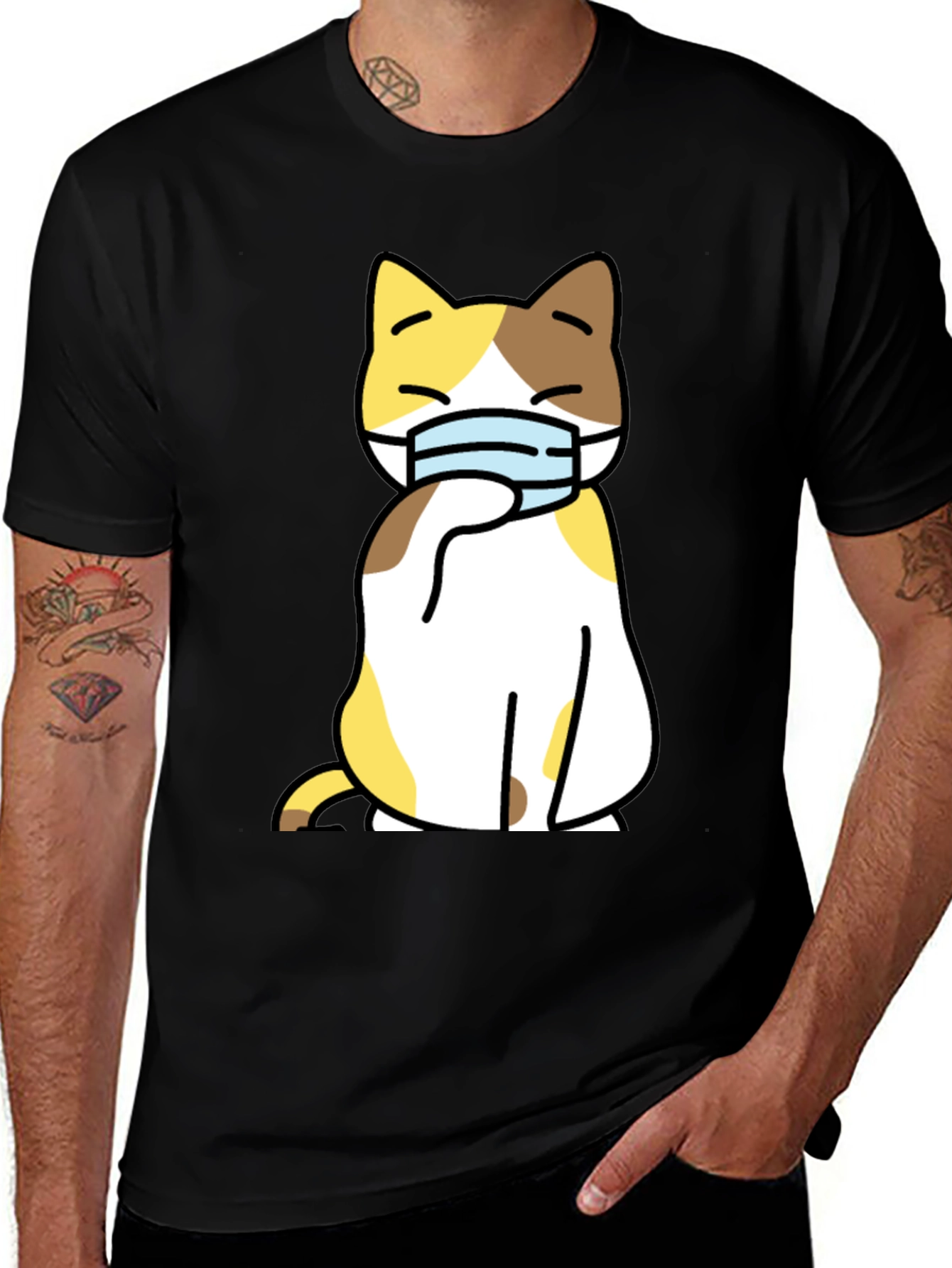 Variant 2 of Cat Wearing Mask Graphic Tee - Stylish Black T-Shirt