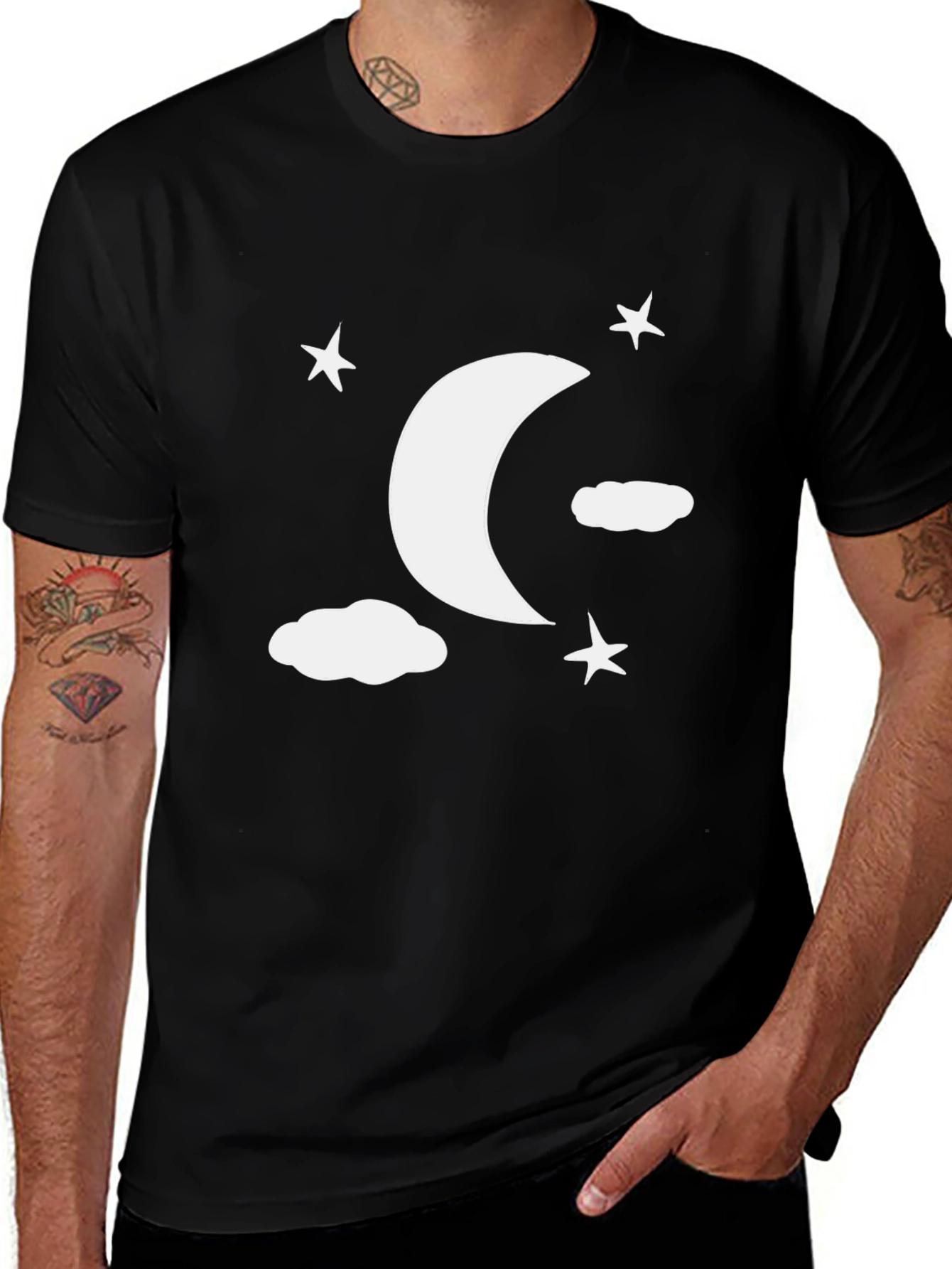 Black Moon Stars Clouds Graphic Tee - Black Casual Shirt main image