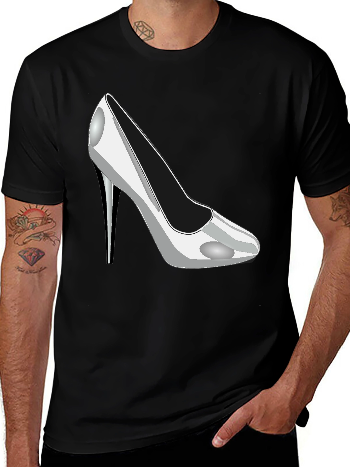 Men's Black T-Shirt with Silver High Heel Shoe Print