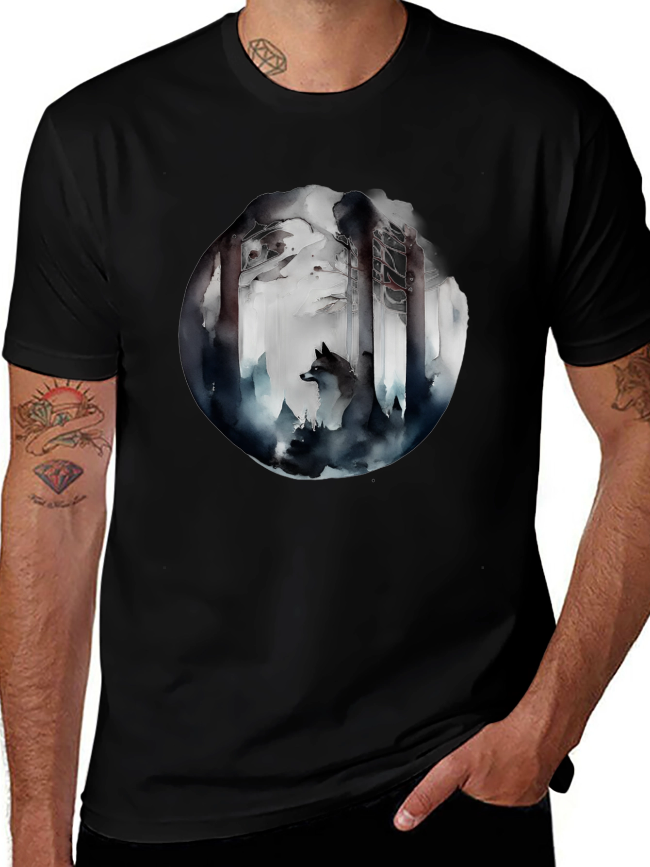 Variant 13 of Mystic Forest Wolf Graphic Tee - Black Cotton Blend