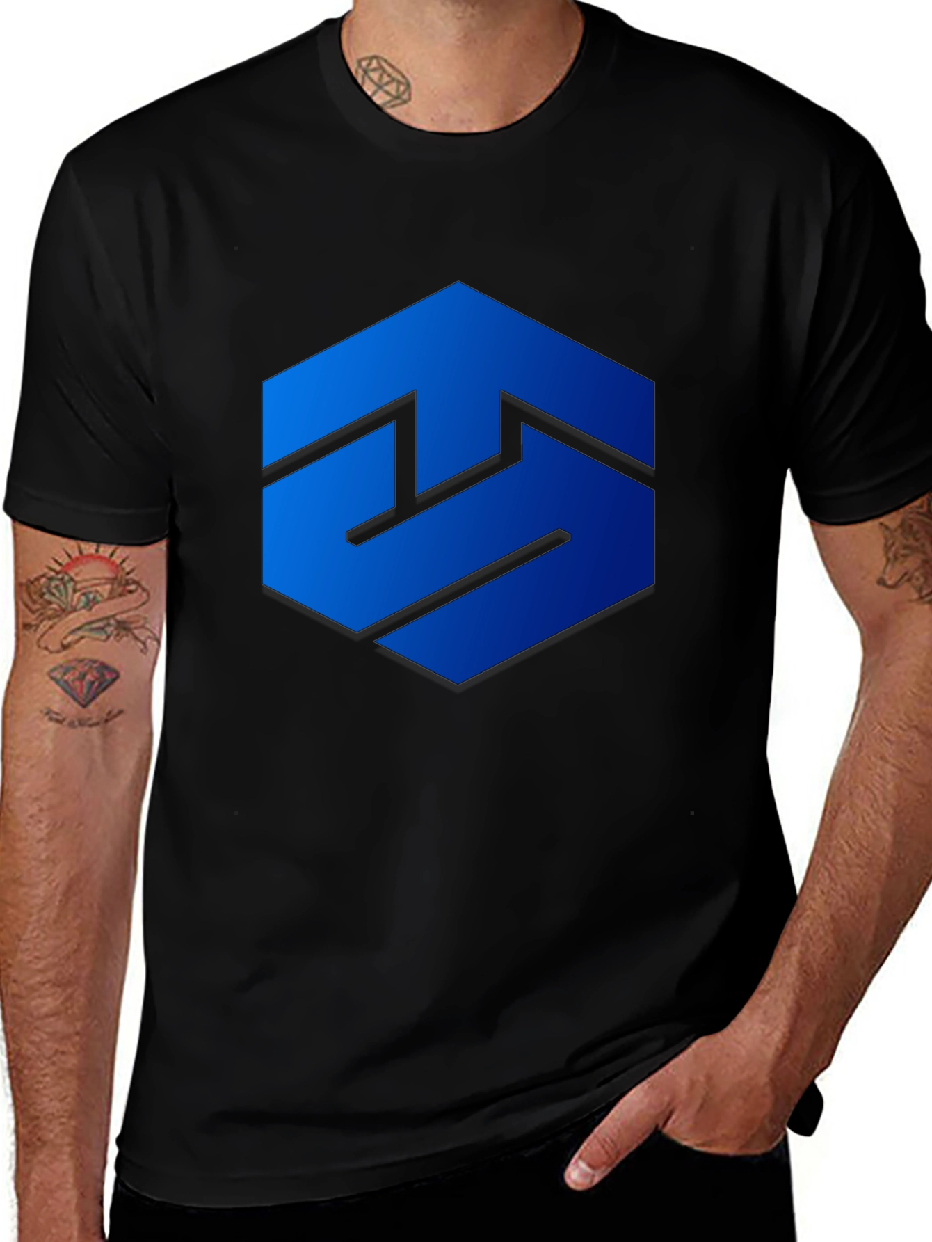 Blue Hexagon Graphic Tee - Stylish Men's Black T-Shirt