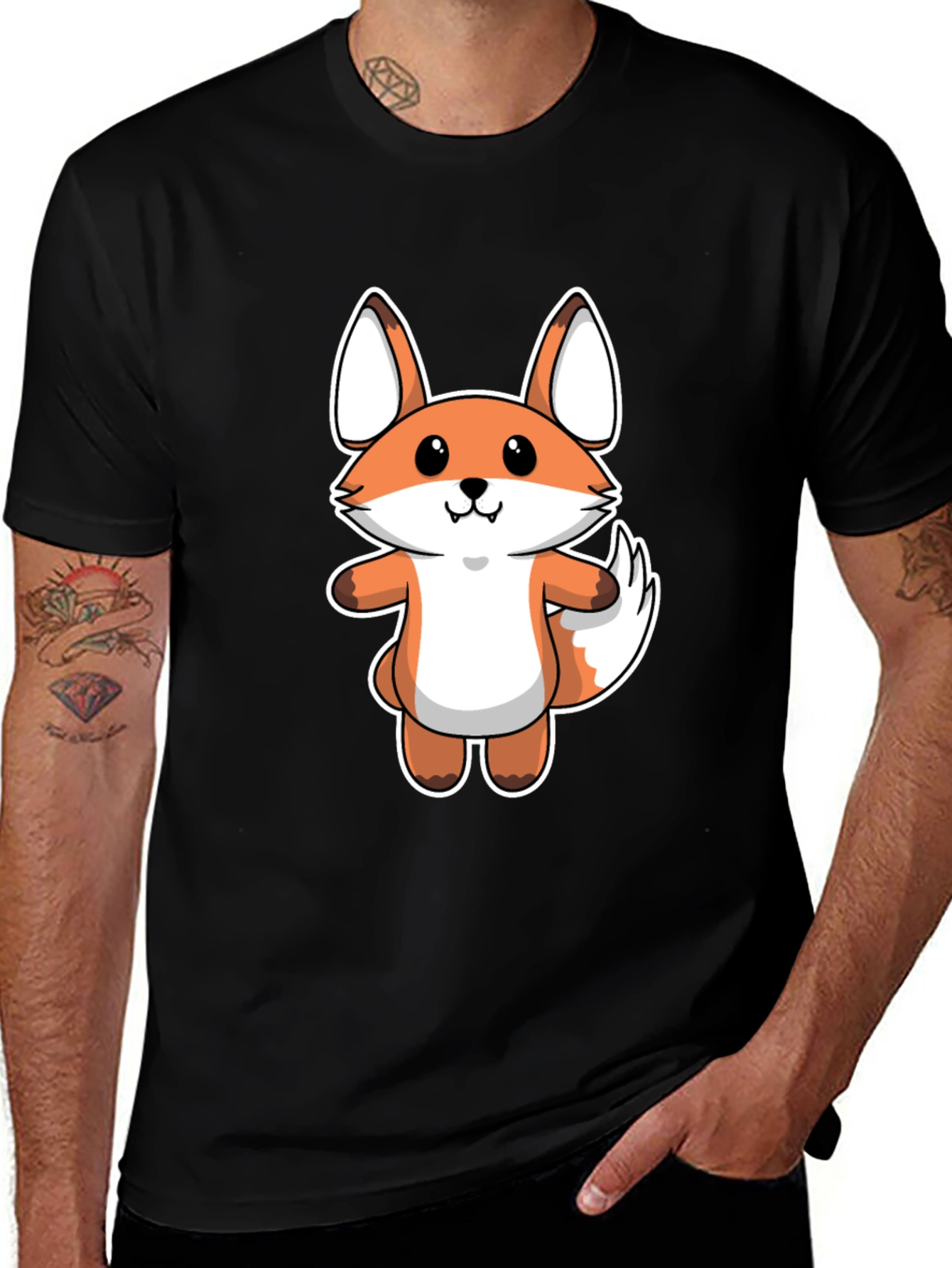Variant 2 of Cartoon Fox Graphic Tee - Black Cotton T-Shirt