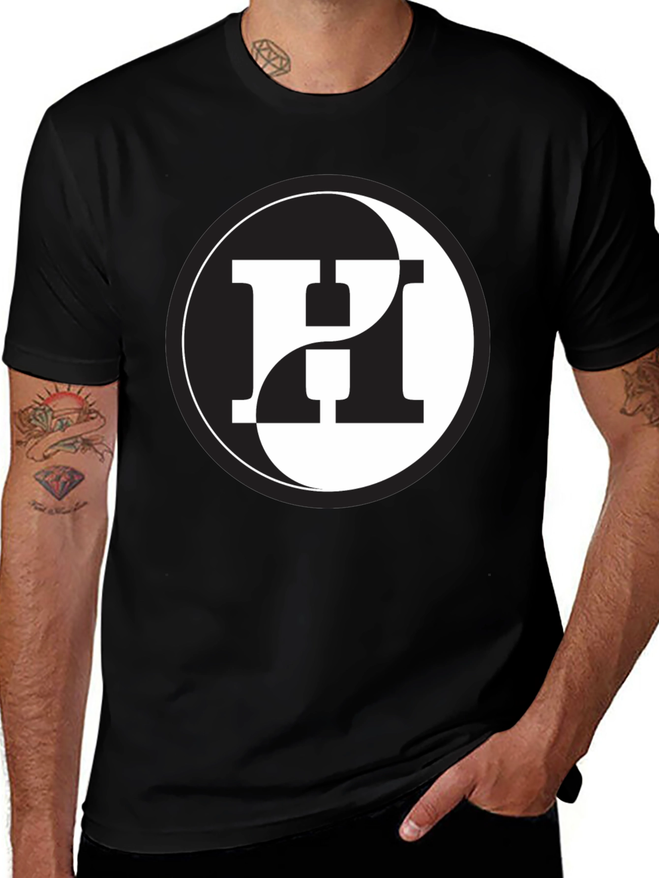 Variant 12 of Yin Yang H Letter Graphic Black T-Shirt