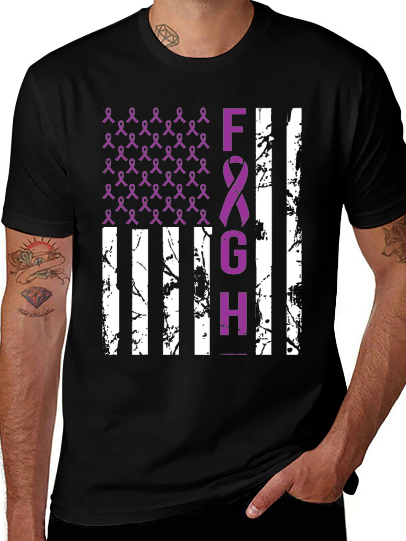Fight Cancer Awareness Ribbon American Flag T-Shirt