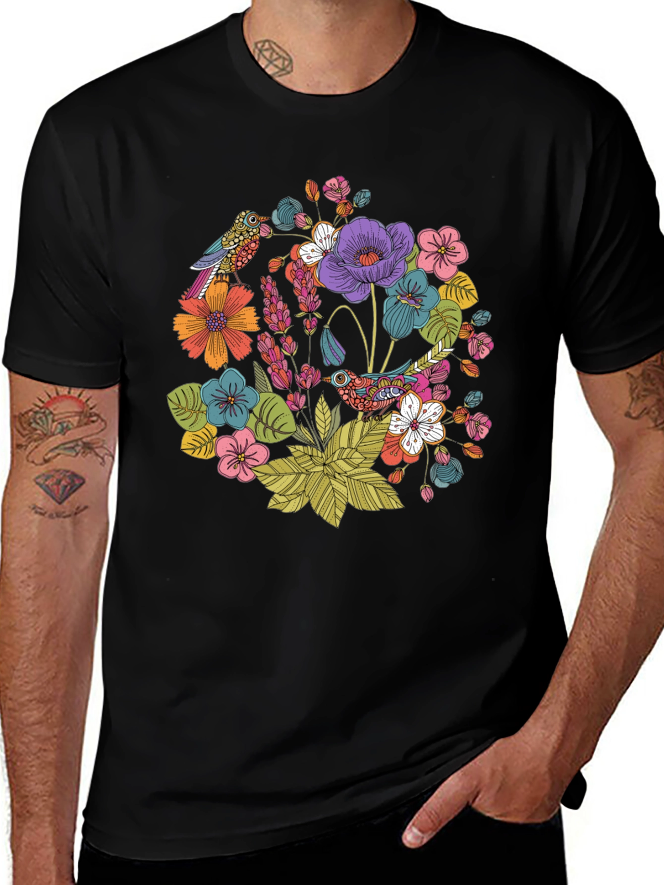Variant 7 of Floral Birds Black T-Shirt - Nature Inspired Design