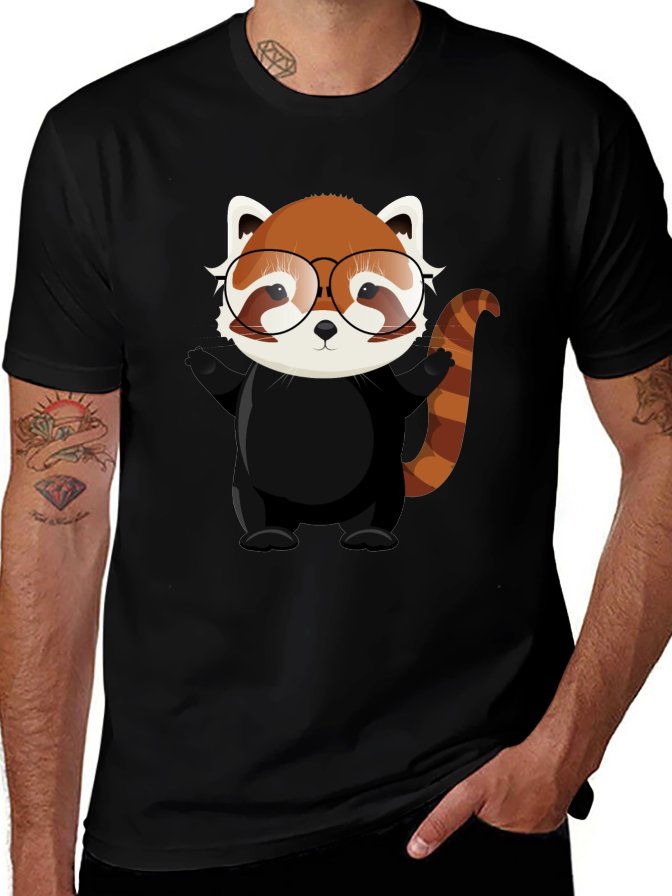 Red Panda with Glasses Black T-Shirt