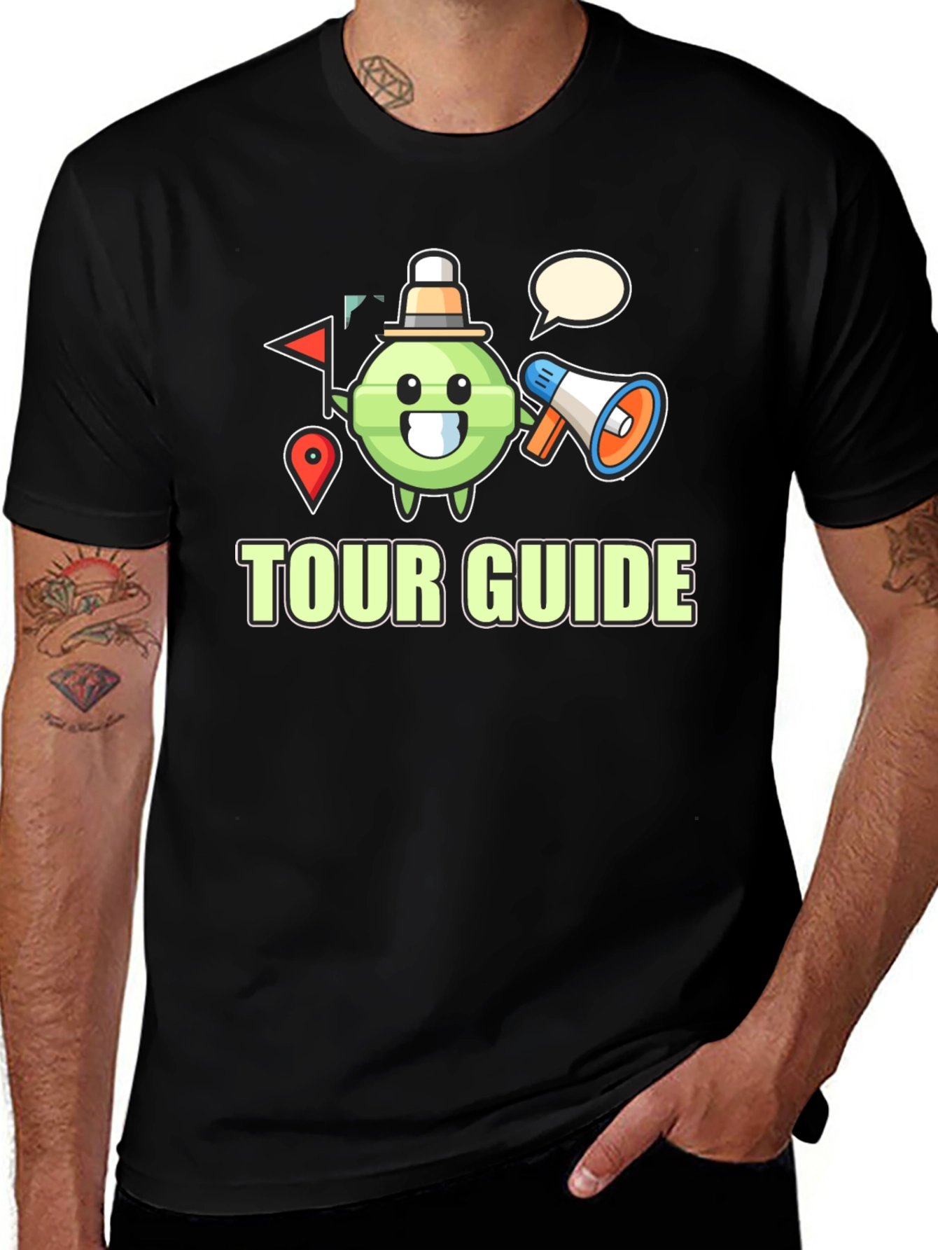 Variant 4 of Tour Guide Cartoon Graphic Black T-Shirt