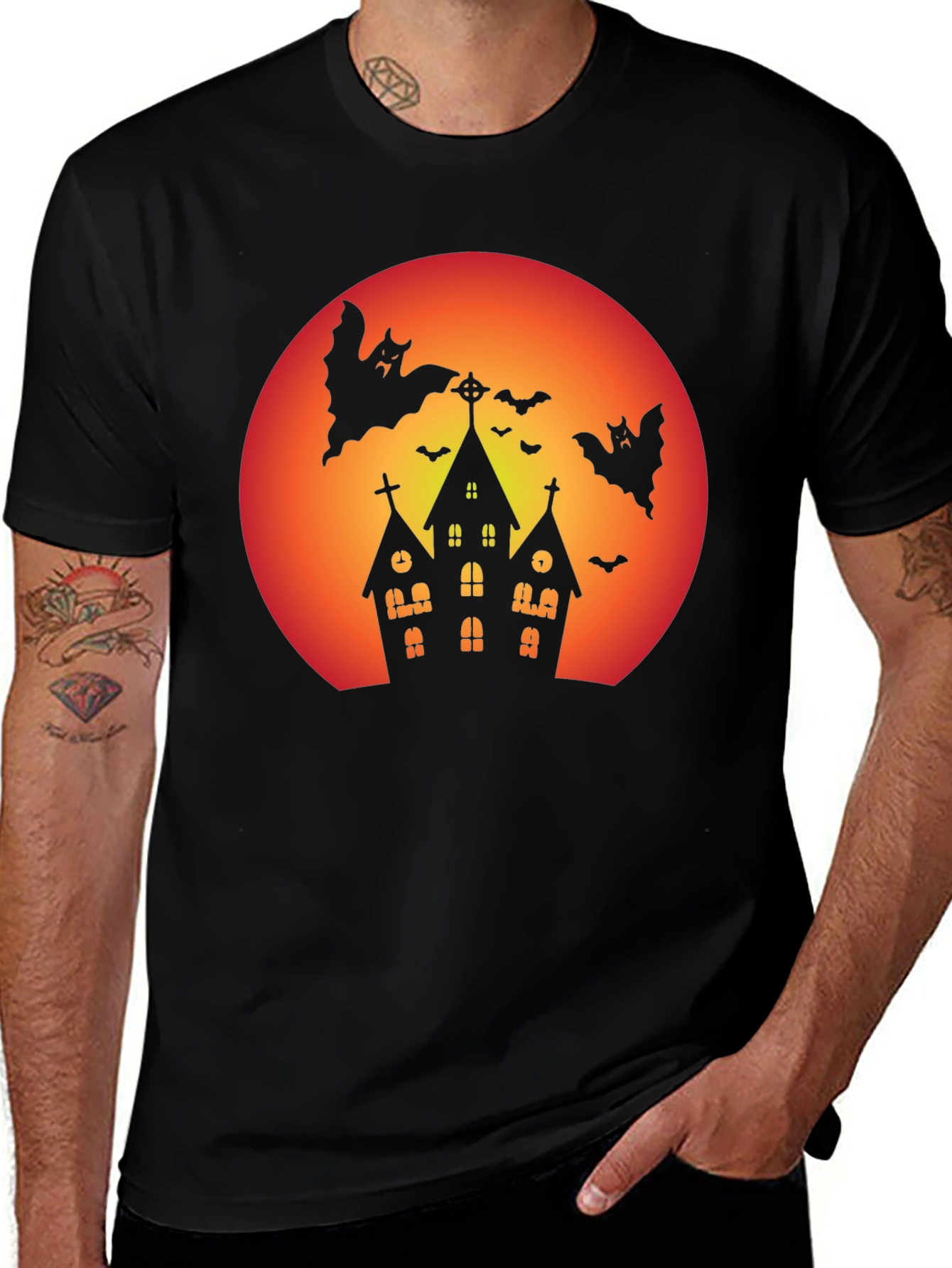 Spooky Halloween T-Shirt - Haunted House & Bats