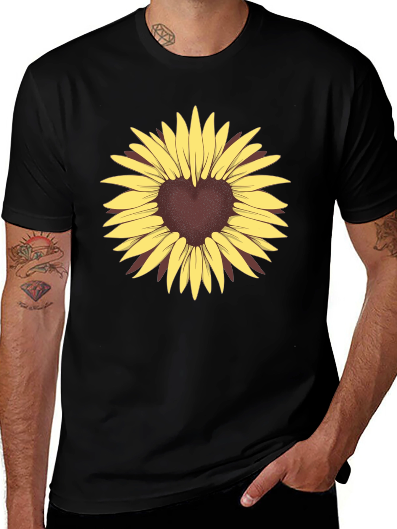 Variant 2 of Heart Sunflower Graphic Tee - Black Casual T-Shirt