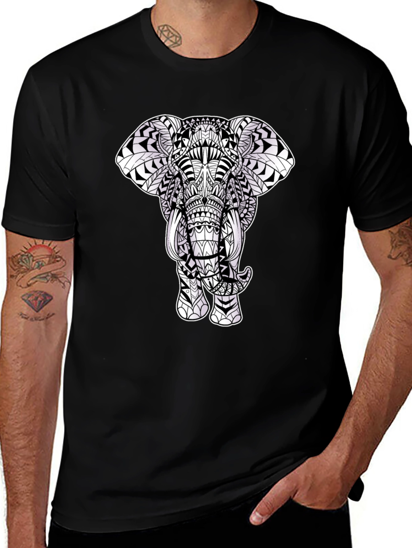 Black Elephant Mandala Print Black T-Shirt main image