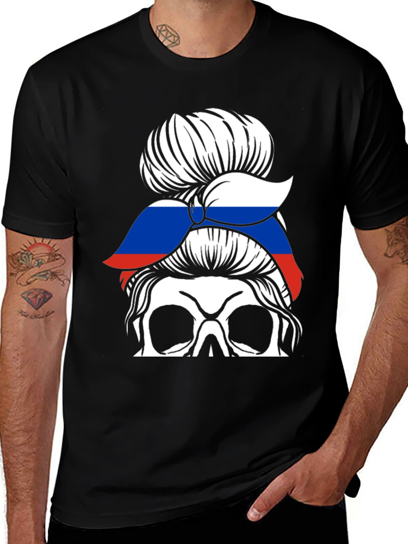 Variant 28 of Skull Messy Bun Russia Flag T-Shirt