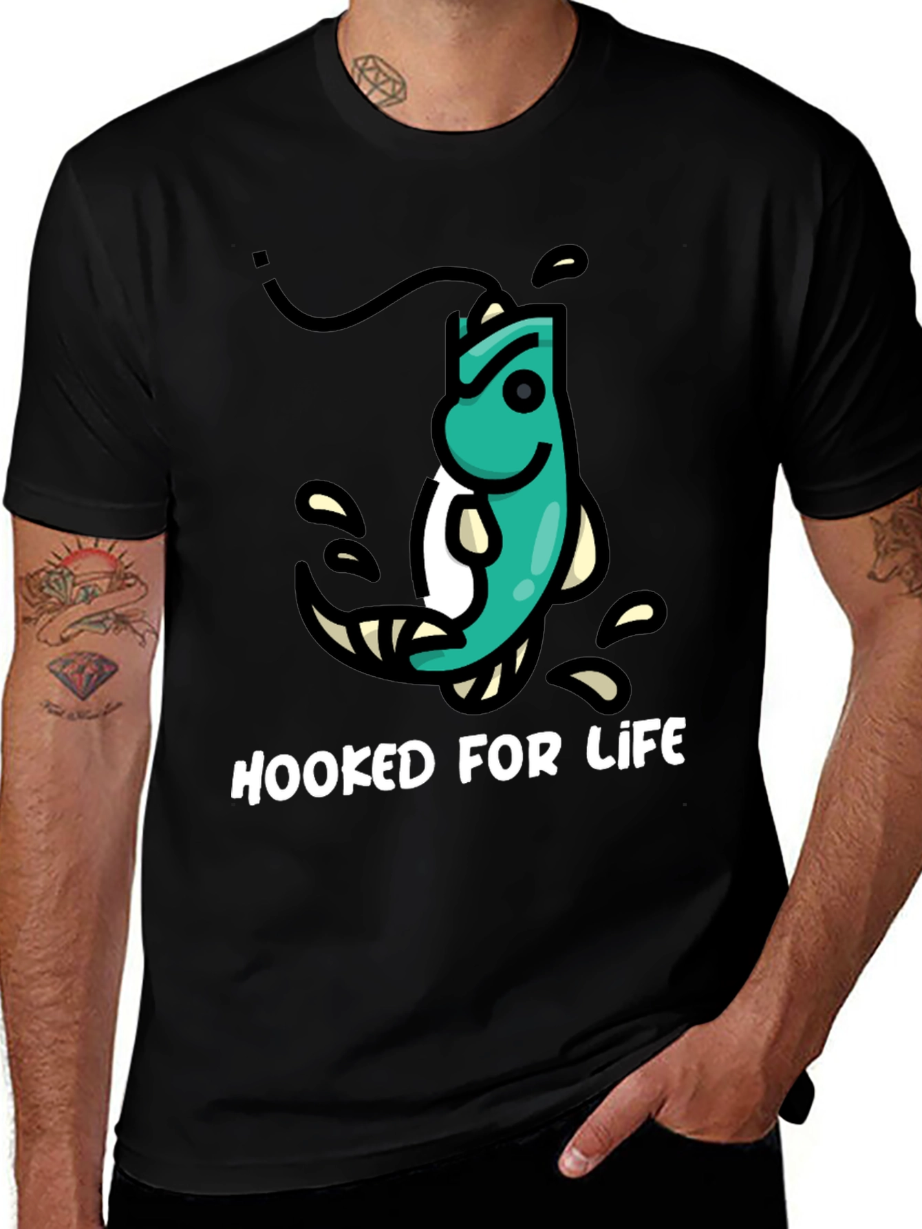 Variant 8 of Hooked For Life Fishing T-Shirt - Black