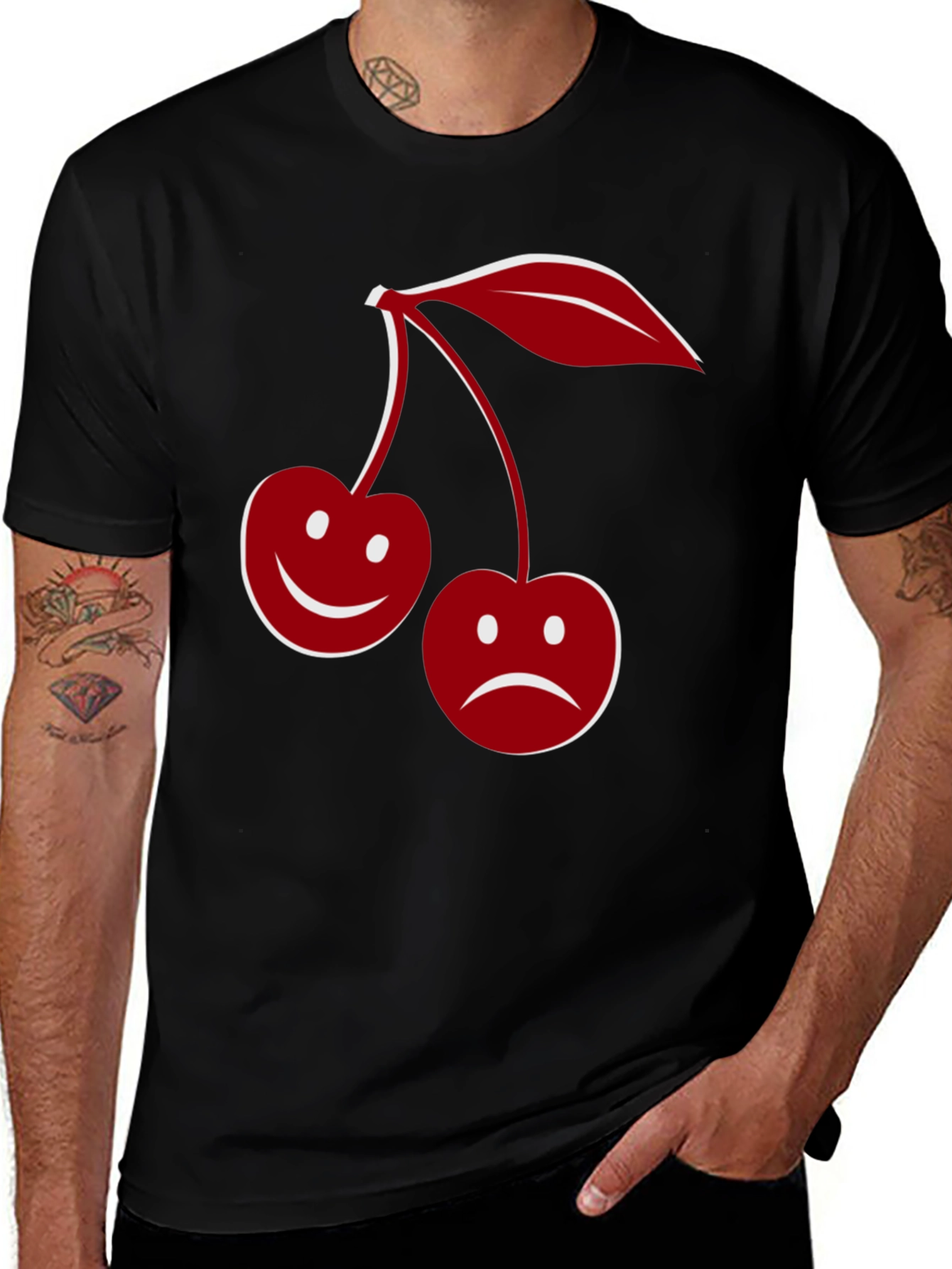 Variant 6 of Happy Sad Cherry Graphic Tee - Men's Black T-Shirt