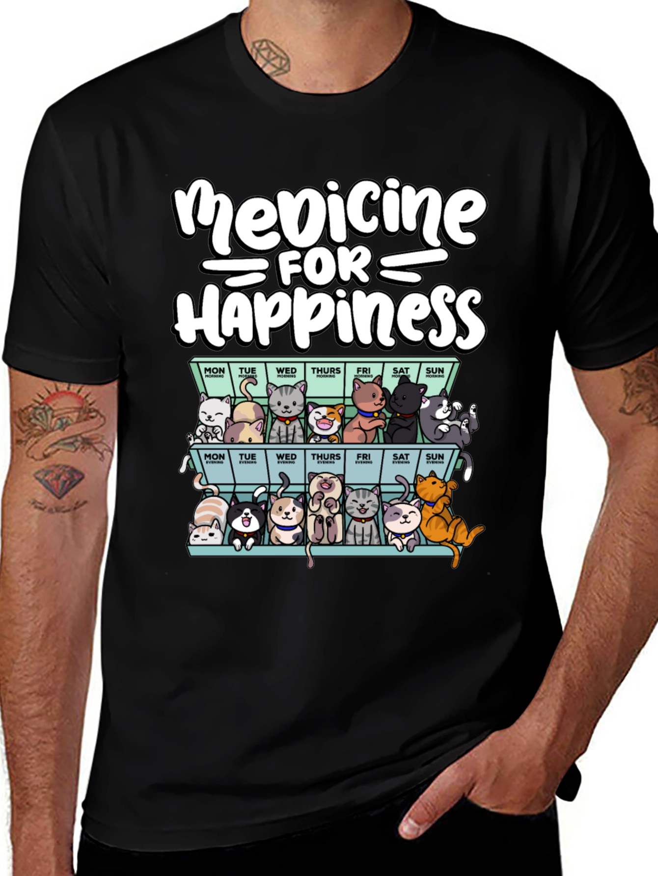 Black Medicine for Happiness Cat T-Shirt main image