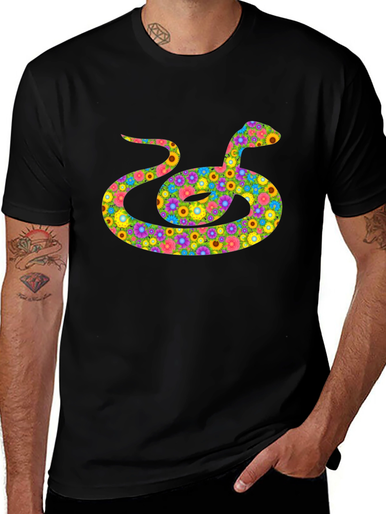 Variant 30 of Floral Snake Graphic Tee - Black Cotton Shirt