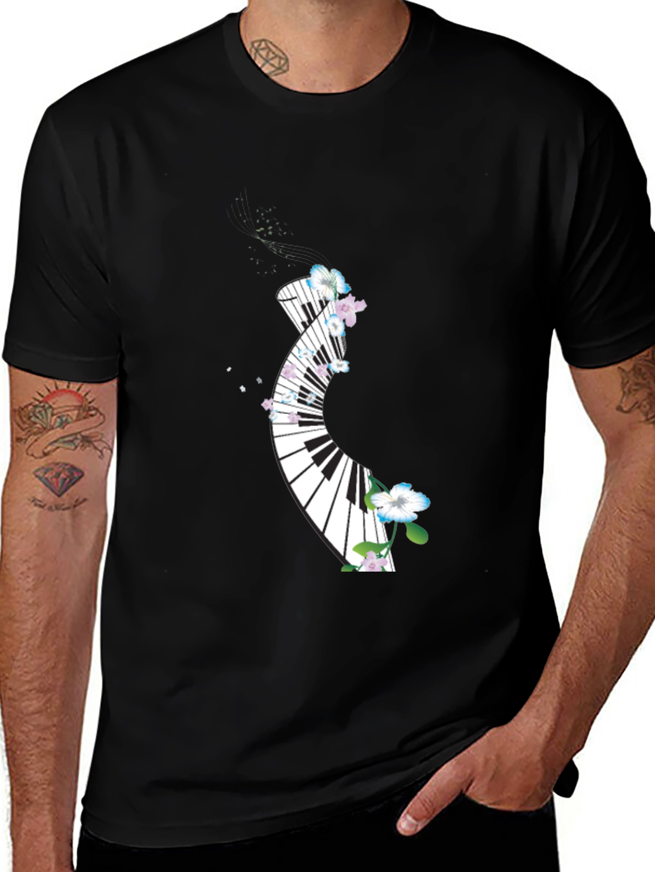 Variant 21 of Floral Piano Keys Graphic Black T-Shirt