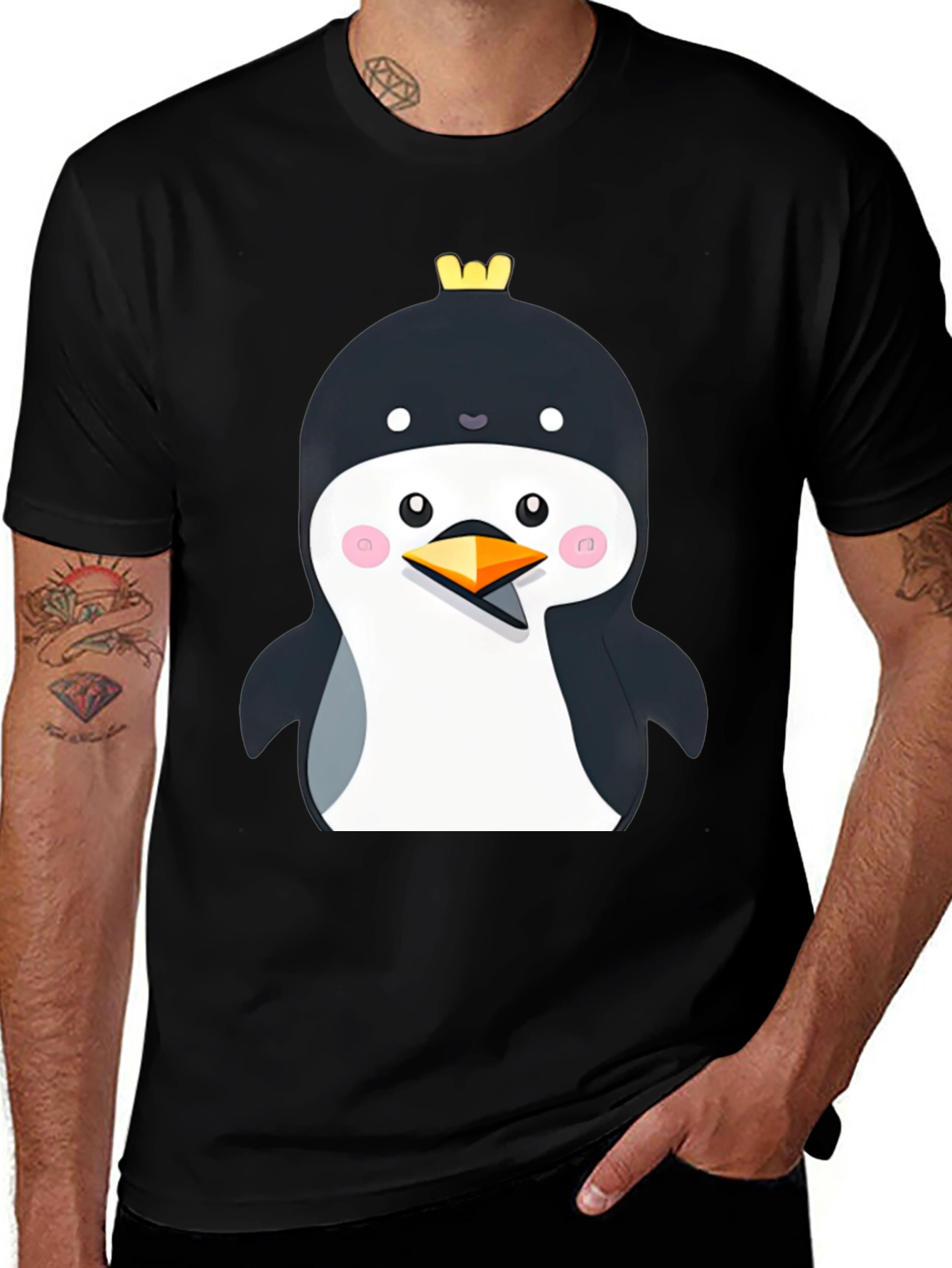 Variant 4 of Penguin with Crown Black T-Shirt - Cute Cartoon Style