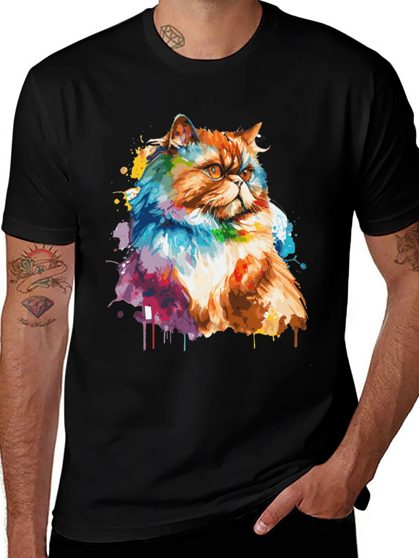 Variant 6 of Watercolor Cat Graphic T-Shirt - Unisex Black Tee