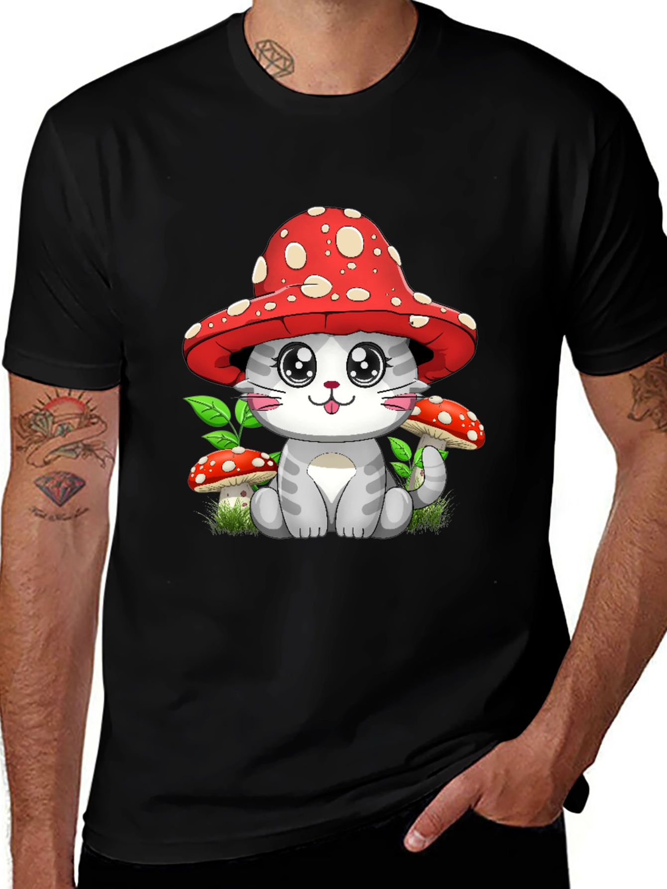 Black Mushroom Cat Graphic Tee - Whimsical Design main image