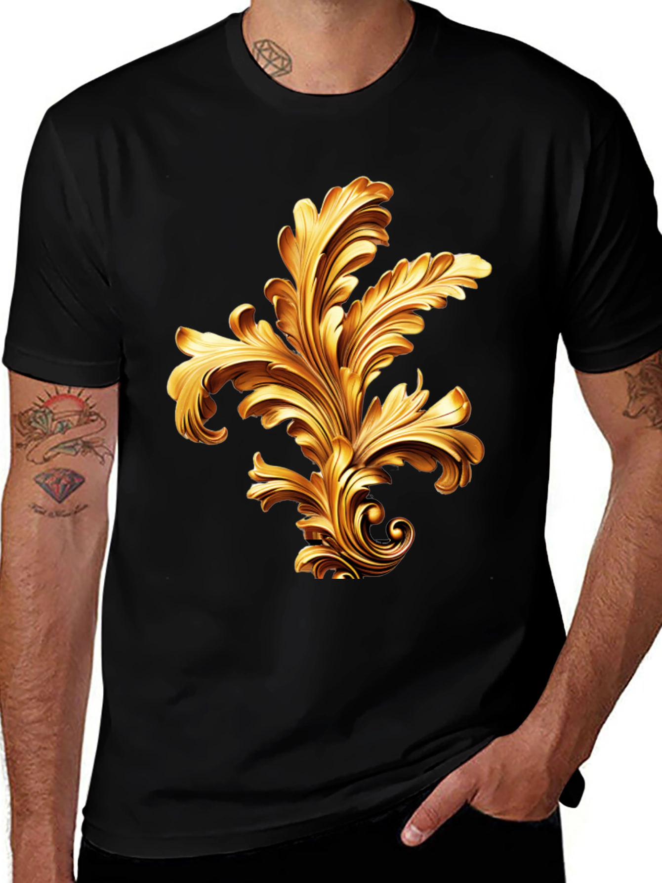 Variant 20 of Elegant Black T-Shirt with Golden Baroque Design
