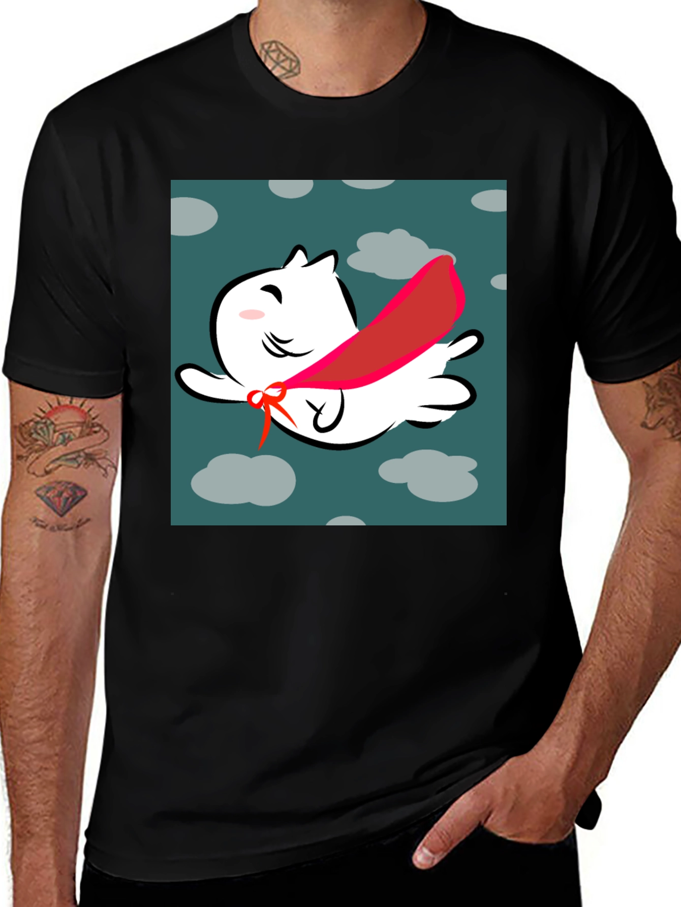 Variant 23 of Cute Flying Cat T-Shirt - Black