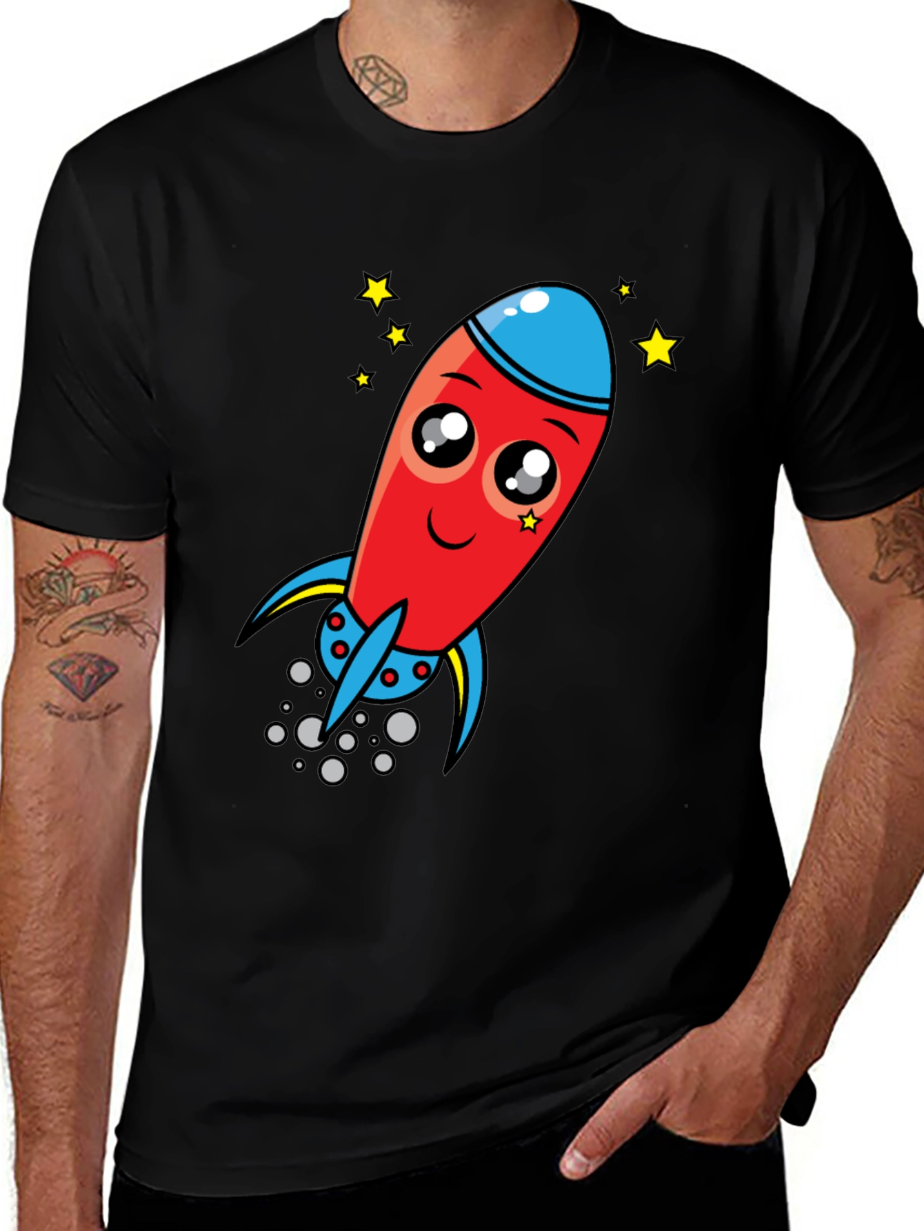 Variant 9 of Cartoon Rocket Graphic Tee - Black Cotton T-Shirt