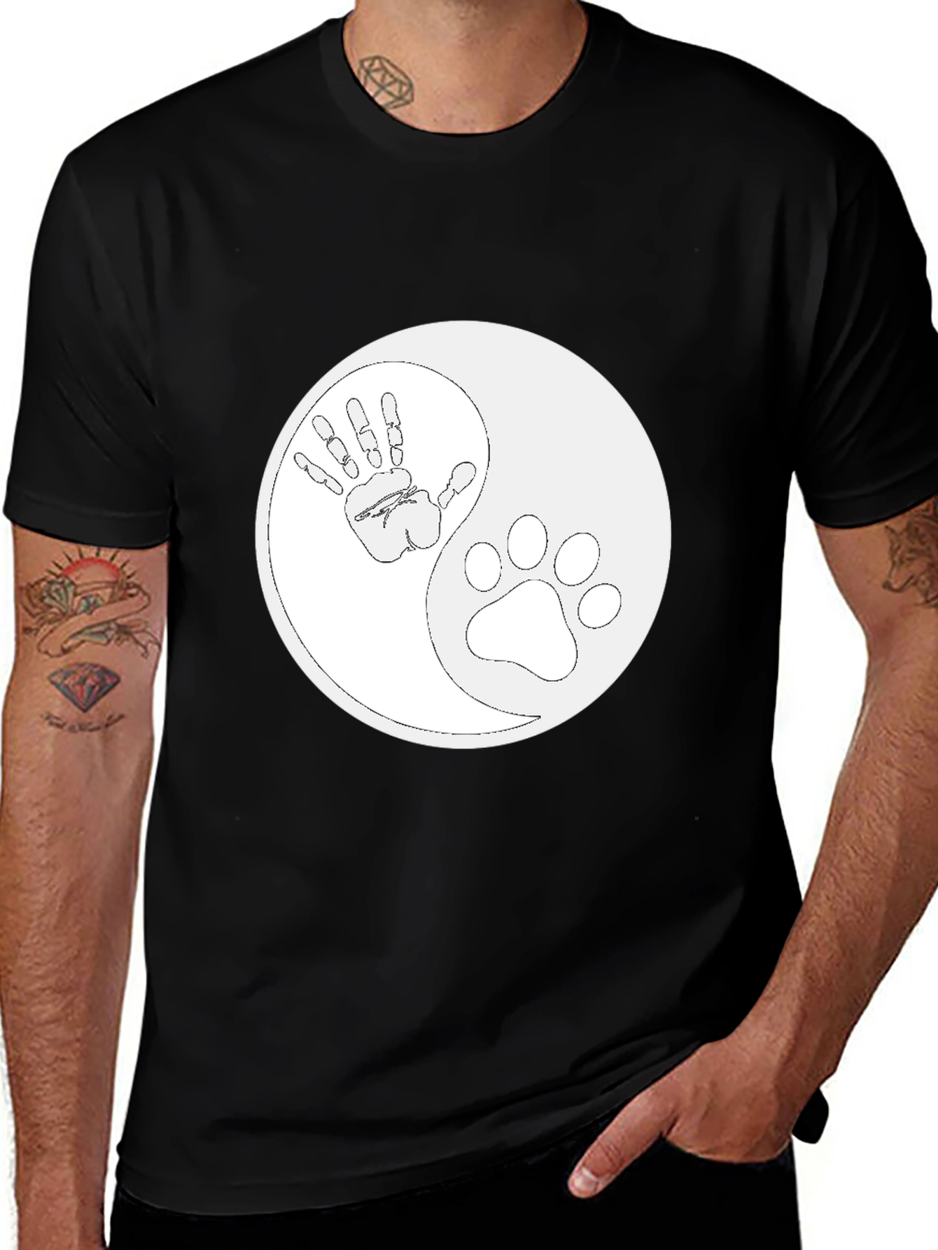 Variant 26 of Yin Yang Hand Paw Print T-Shirt - Unisex Black Tee