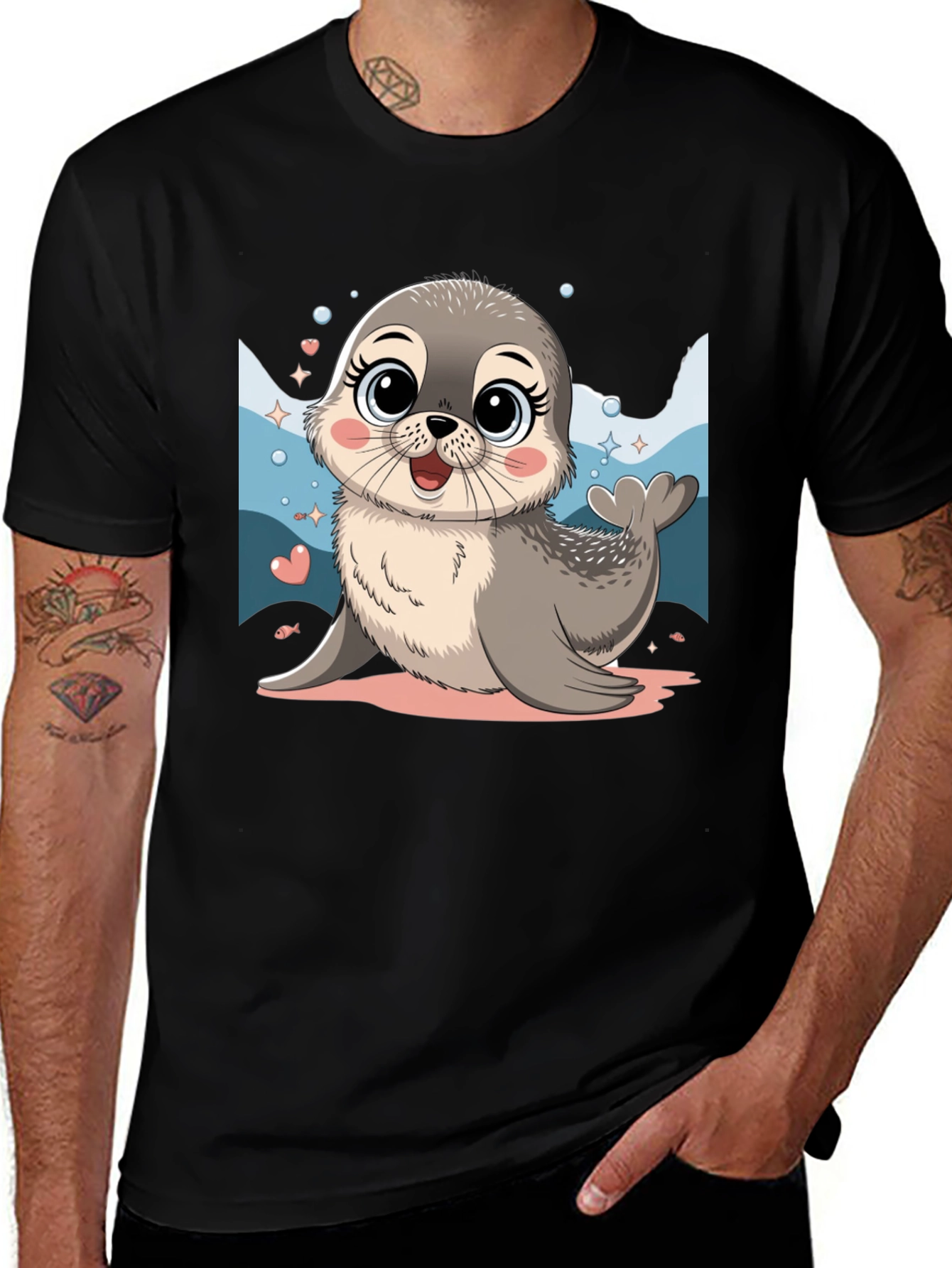 Variant 22 of Cute Seal Cartoon Graphic Tee - Black Cotton Blend