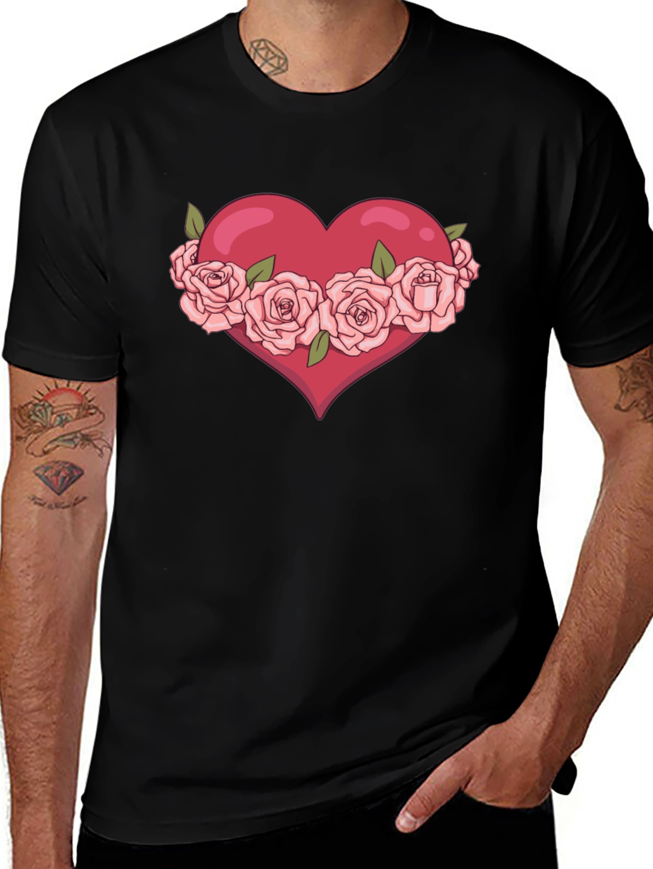 Variant 25 of Heart with Roses Graphic Black T-Shirt