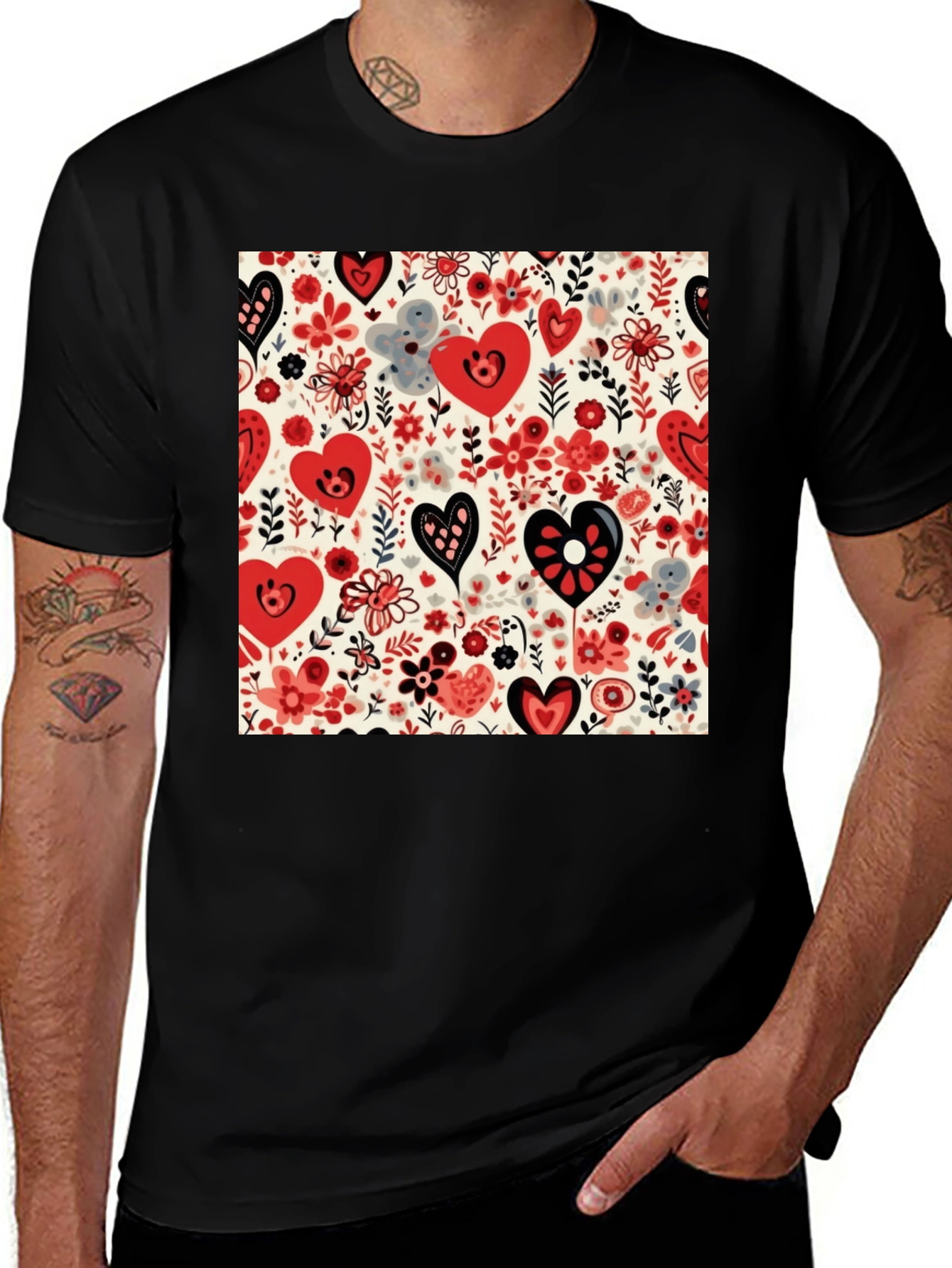 Variant 20 of Heart & Floral Patterned Men's Black Tee