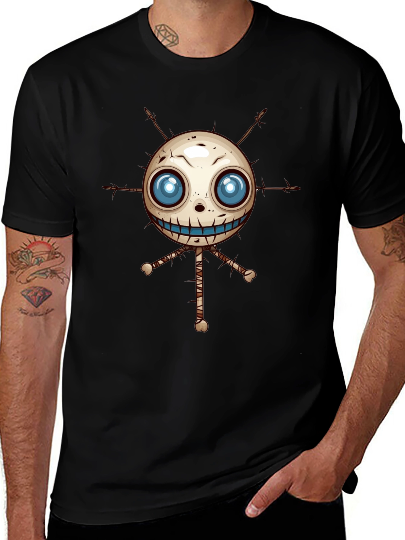 Variant 5 of Creepy Voodoo Doll Graphic Print Black T-Shirt