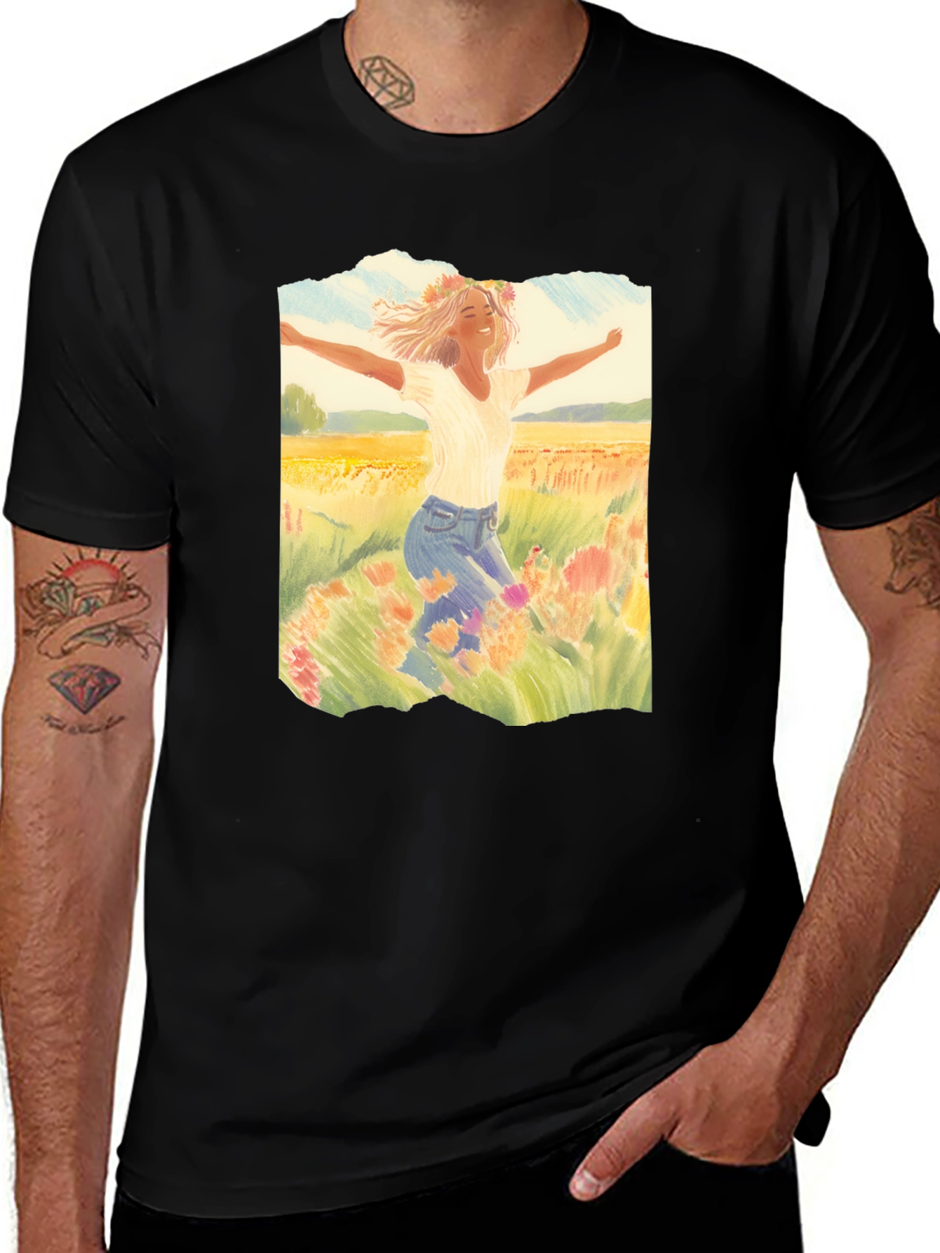 Variant 19 of Woman in Field Graphic Tee - Black Casual Top
