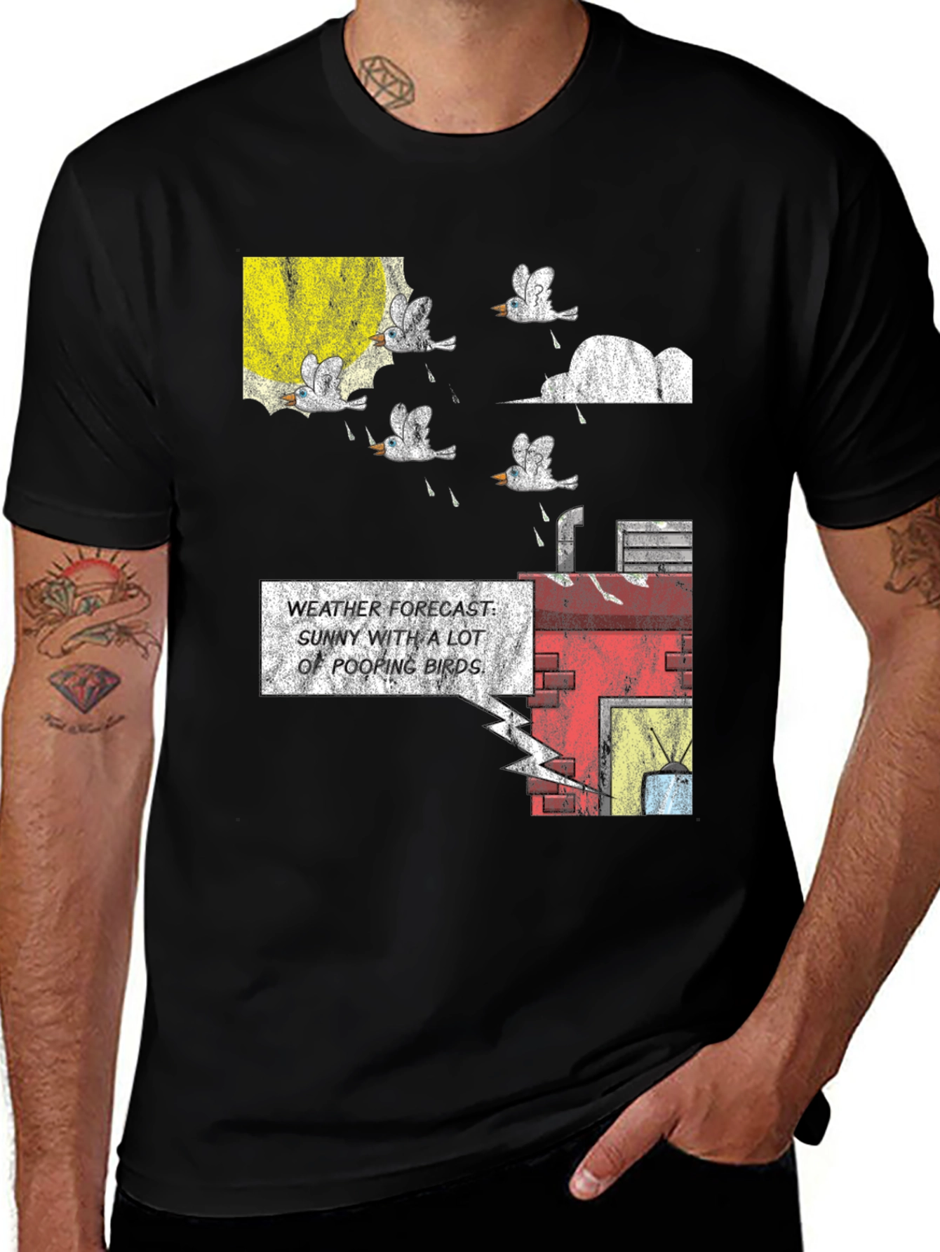 Variant 23 of Funny Weather Forecast Pooping Birds Graphic T-Shirt
