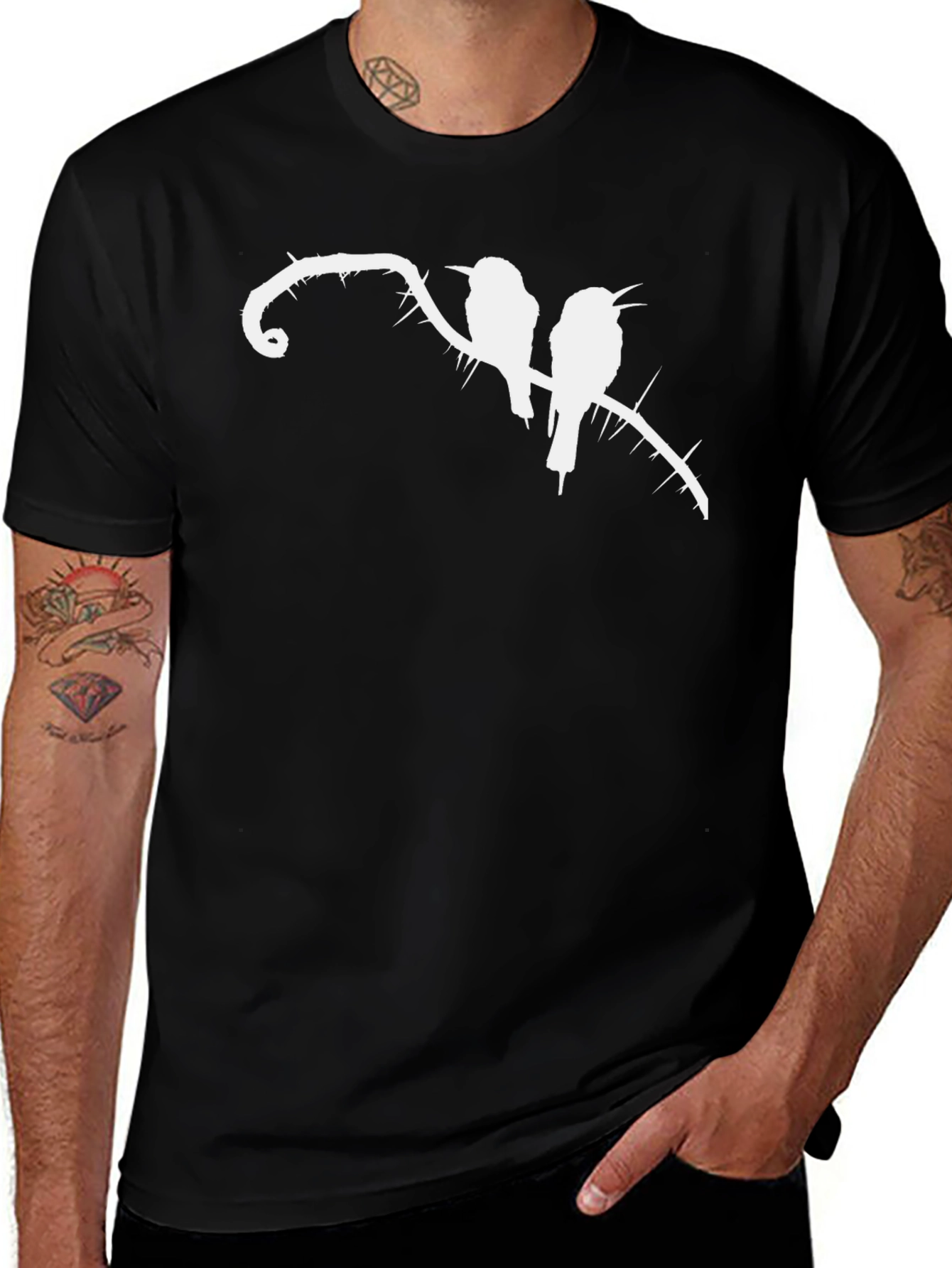 Variant 22 of Black T-Shirt with Birds on Thorny Branch Graphic