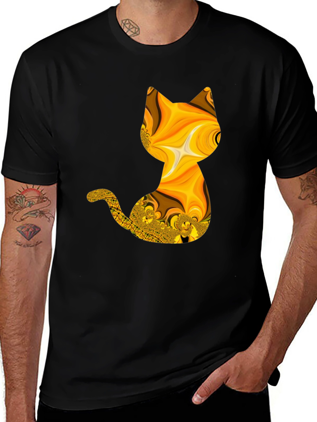Black Abstract Fractal Cat Graphic Black T-Shirt main image
