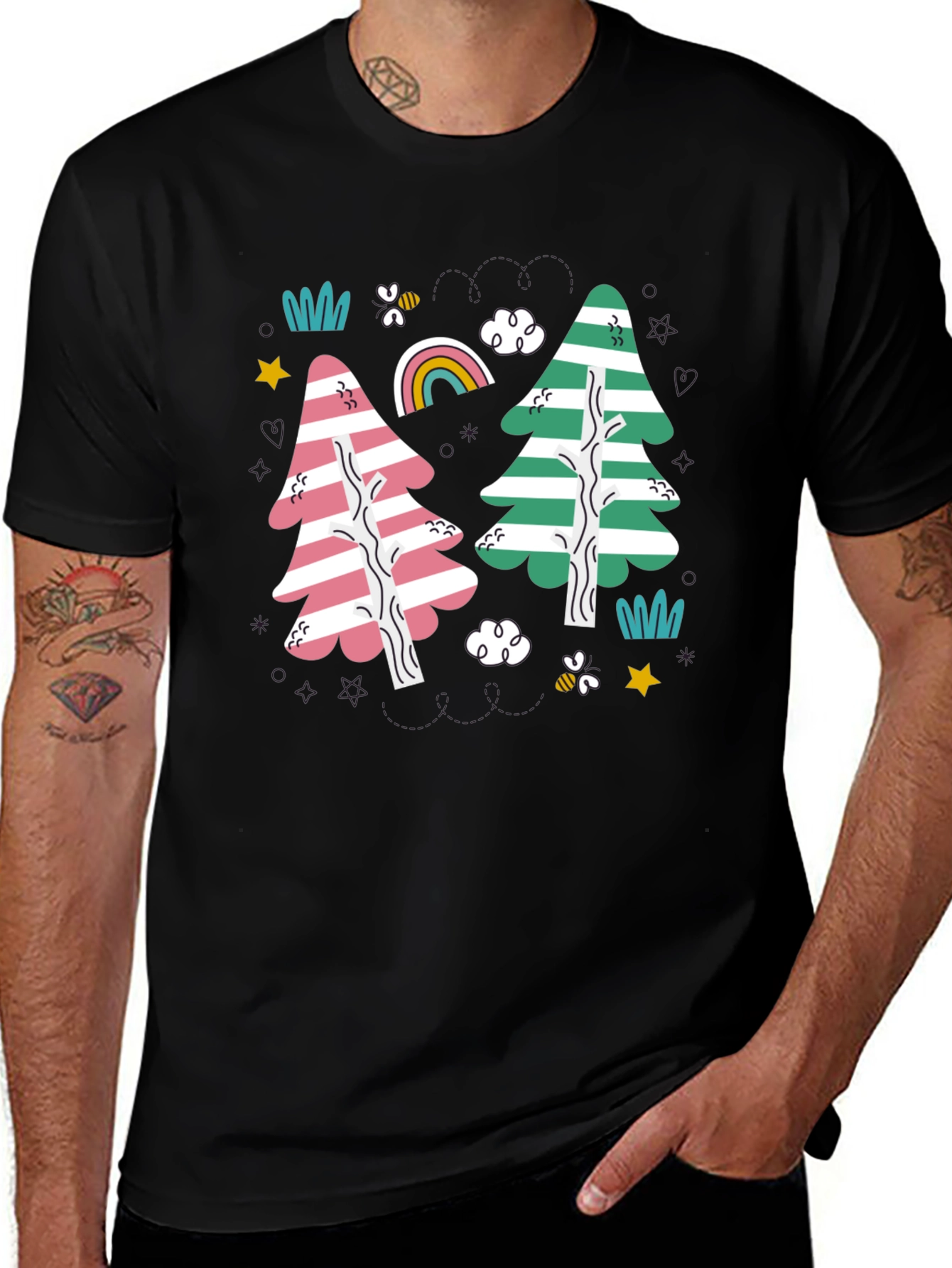 Striped Trees Black T-Shirt