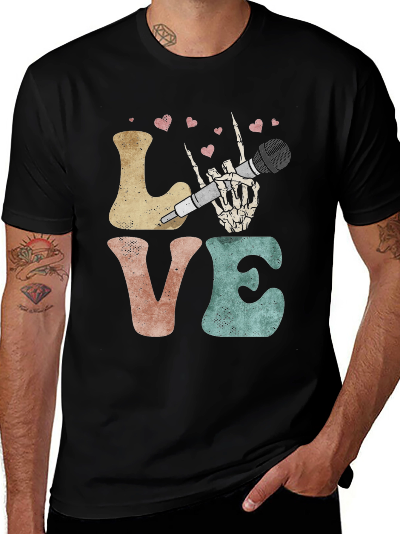 LOVE Skeleton Hand Microphone Graphic T-Shirt