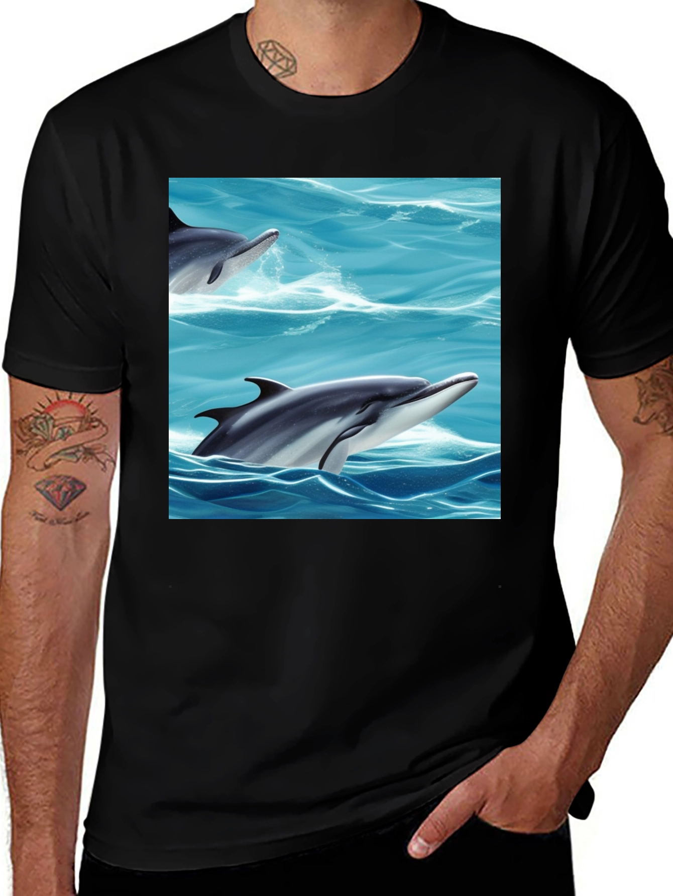 Variant 13 of Dolphin Sea T-Shirt Black Cotton Animal Graphic Tee