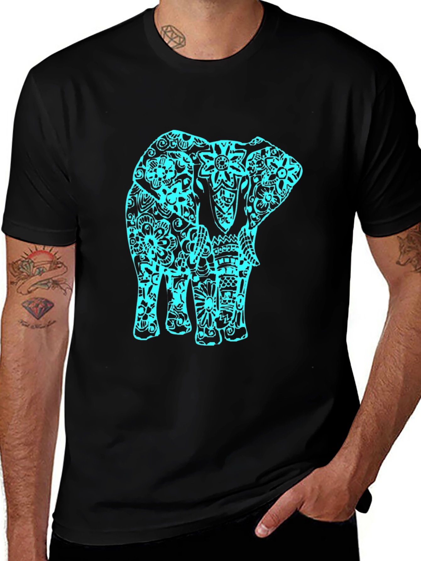 Black T-Shirt with Turquoise Elephant Design