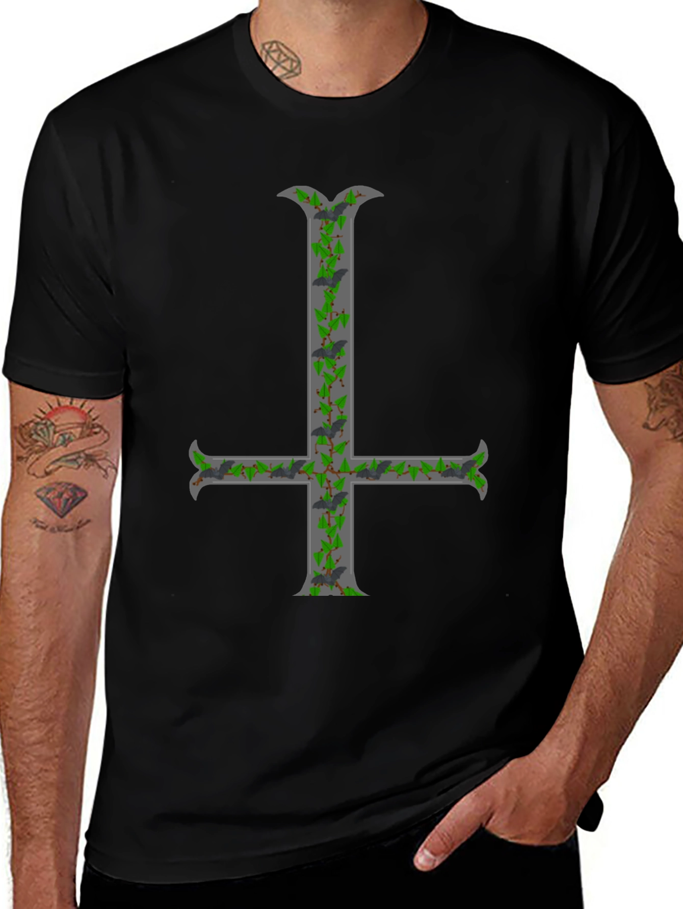 Variant 16 of Inverted Cross T-Shirt with Bats and Ivy