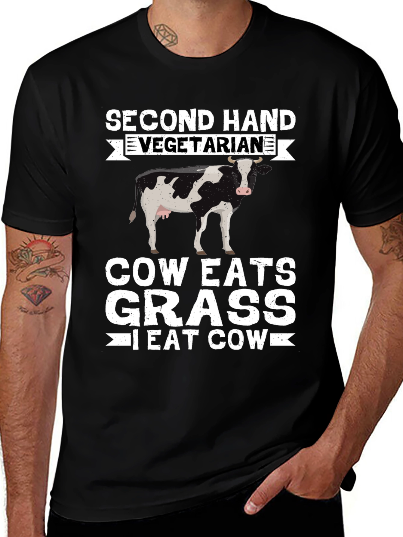 Variant 30 of Second Hand Vegetarian T-Shirt - Cow Eats Grass, I Eat Cow
