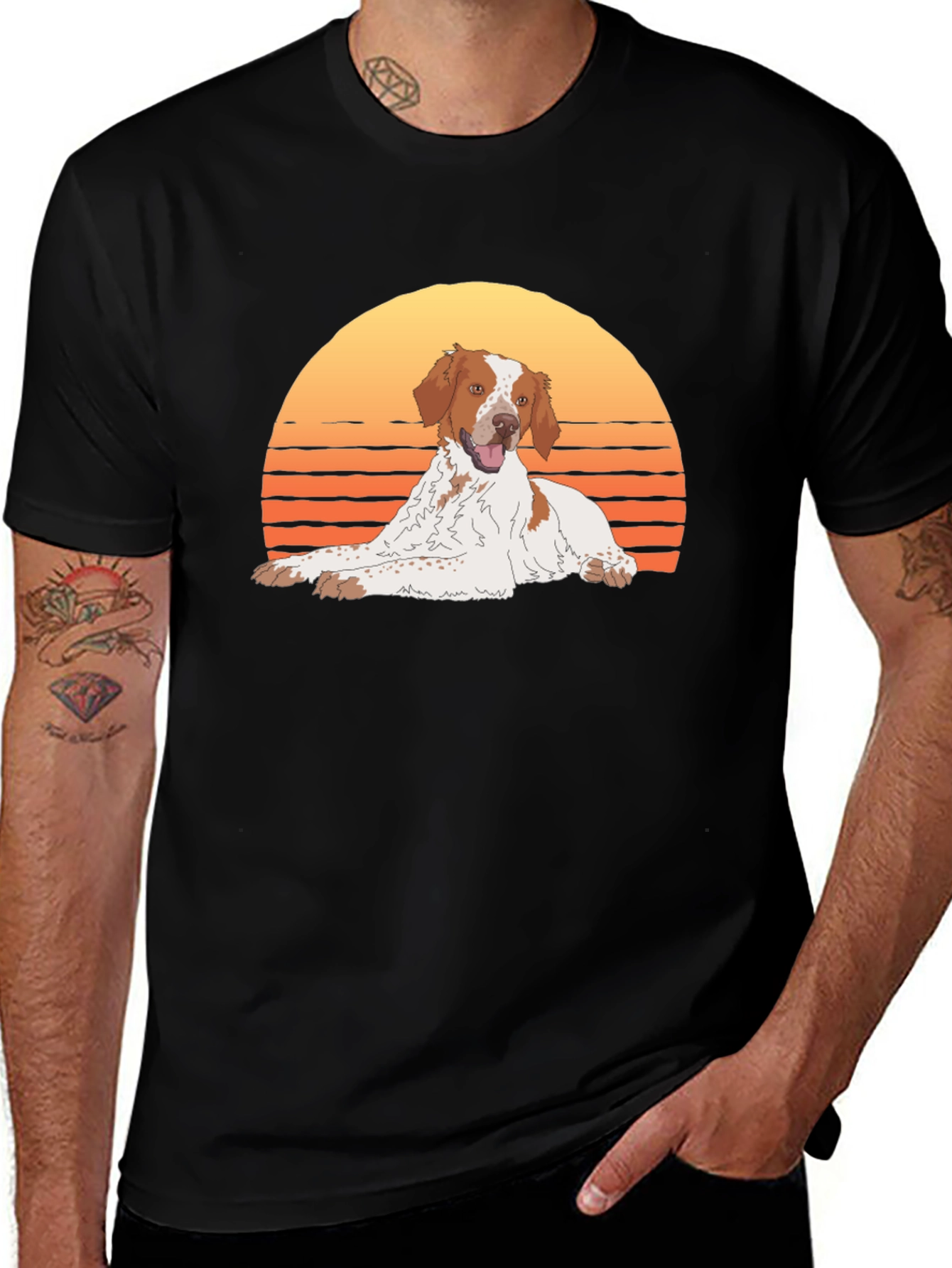 Brittany Spaniel Sunset Graphic Tee - Black Cotton
